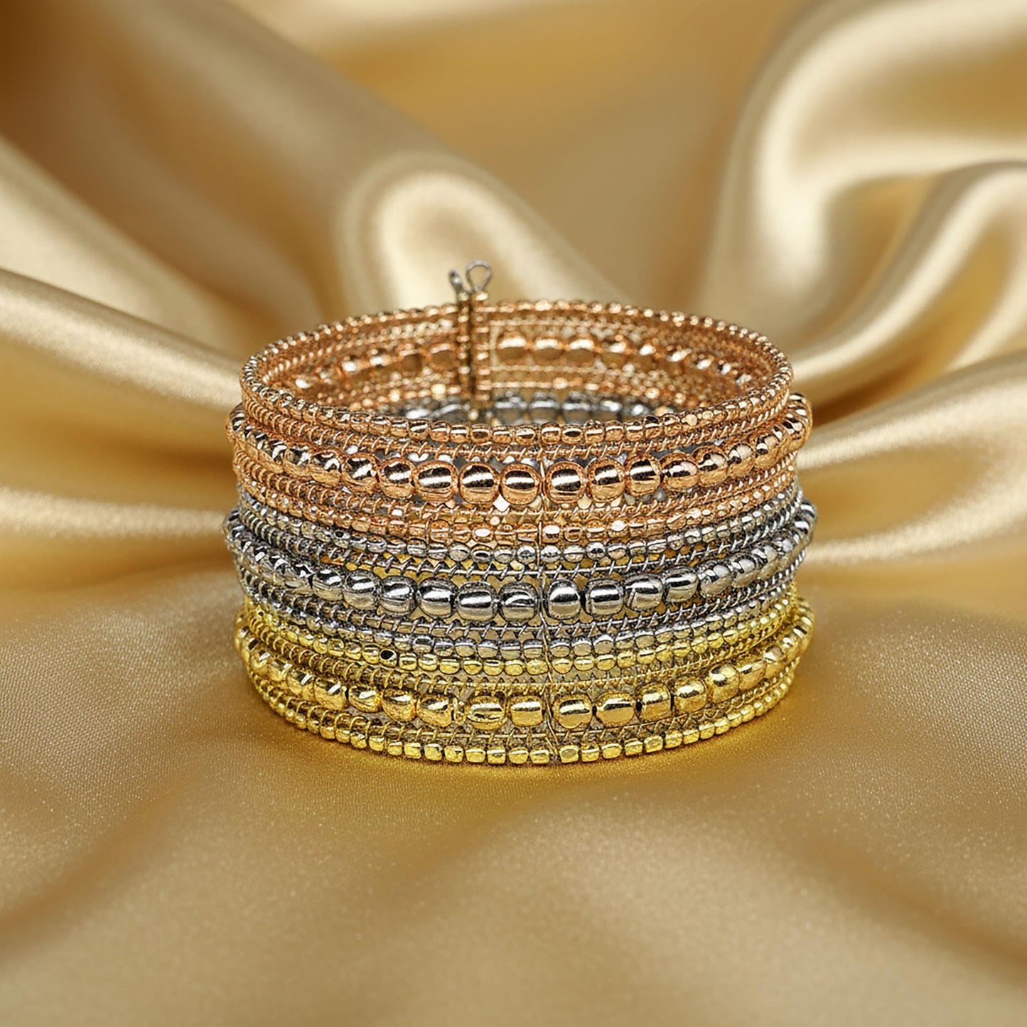 Chunky Metal Cuff Bracelet Set for Women & Girls, Golden TRI TONE image 3