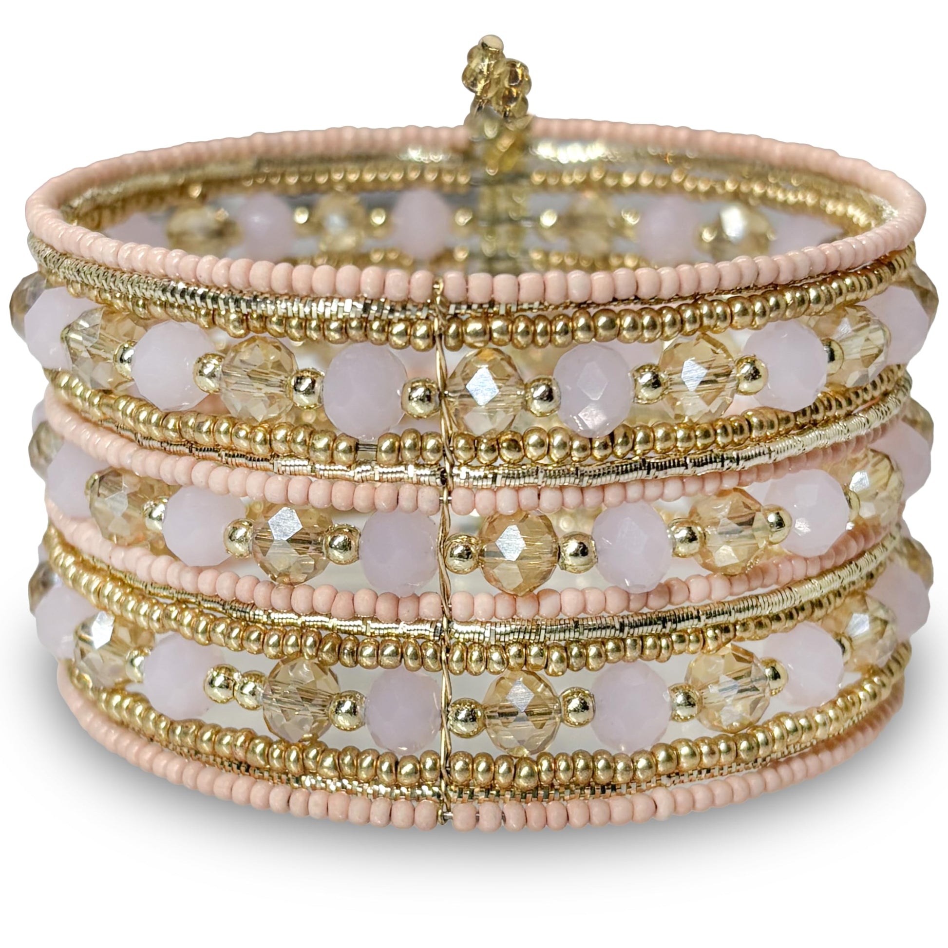 Wide layered cuff bracelet with pink beads and gold crystal rows