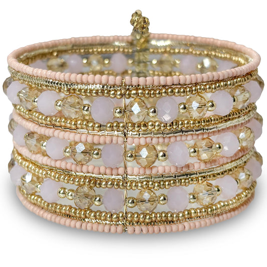 Wide layered cuff bracelet with pink beads and gold crystal rows