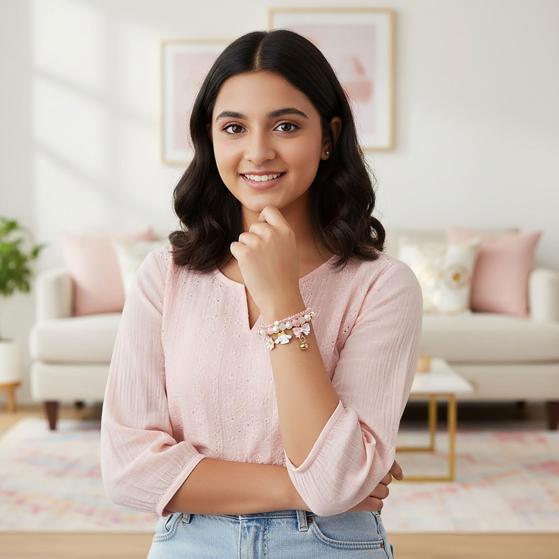 Party wear and gifting can be finished with white pink crystal and pearl bracelet for polished handmade look to handmade projects.