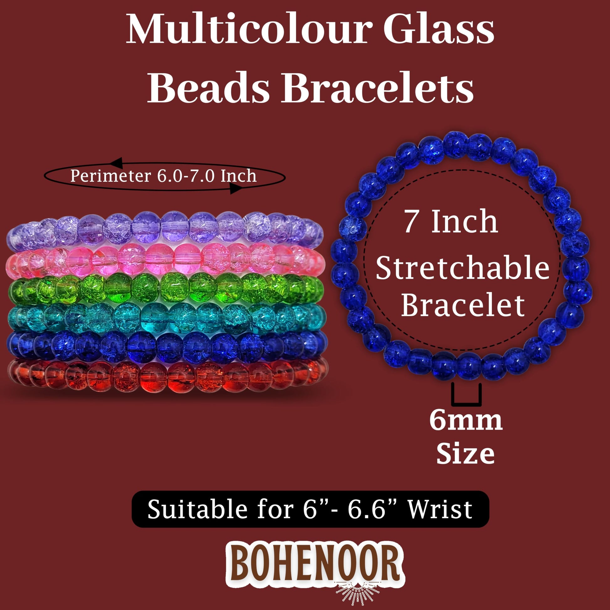 A attractive fashion detail makes multicolour glass and elastic bracelet suitable for festive outfits.