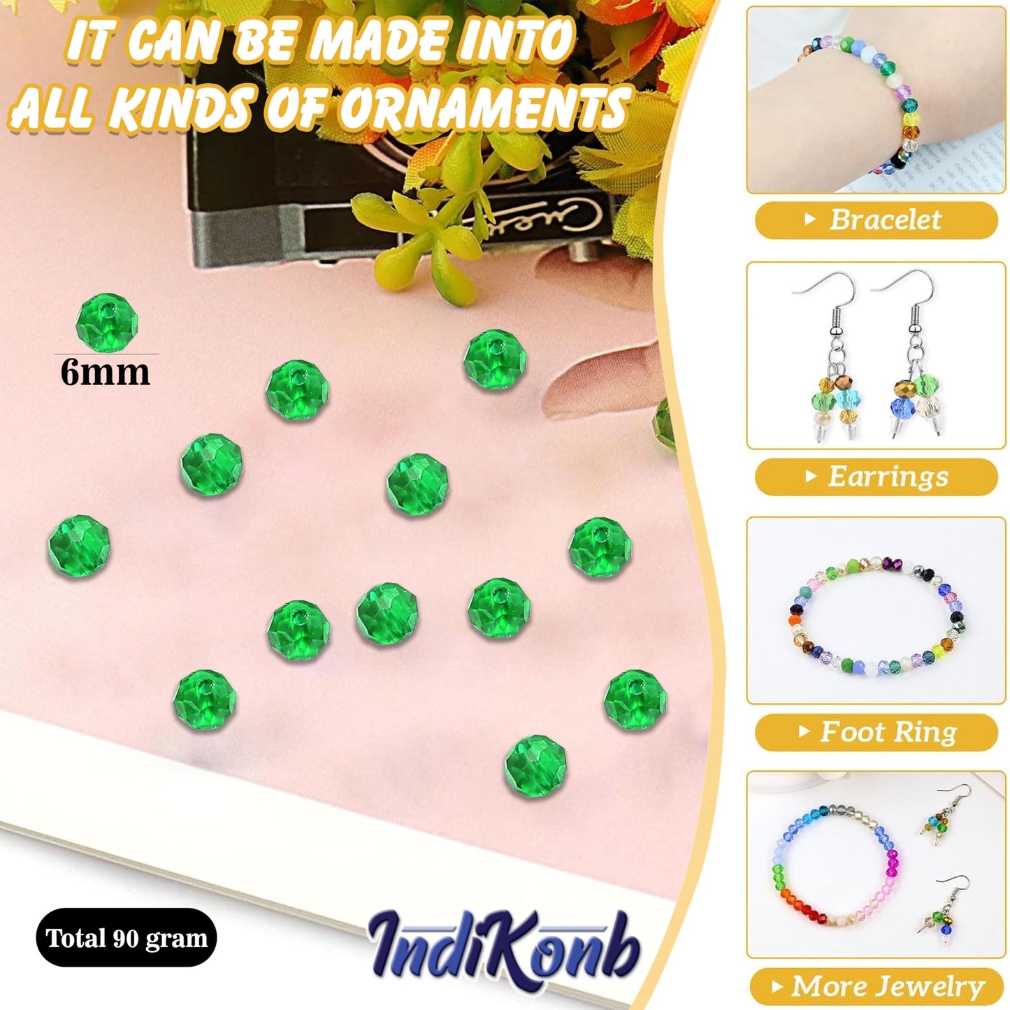 Green and transparent 6mm and 90 grams beads offer a handmade beadwork accent to handmade projects for necklace making and DIY jewellery projects.