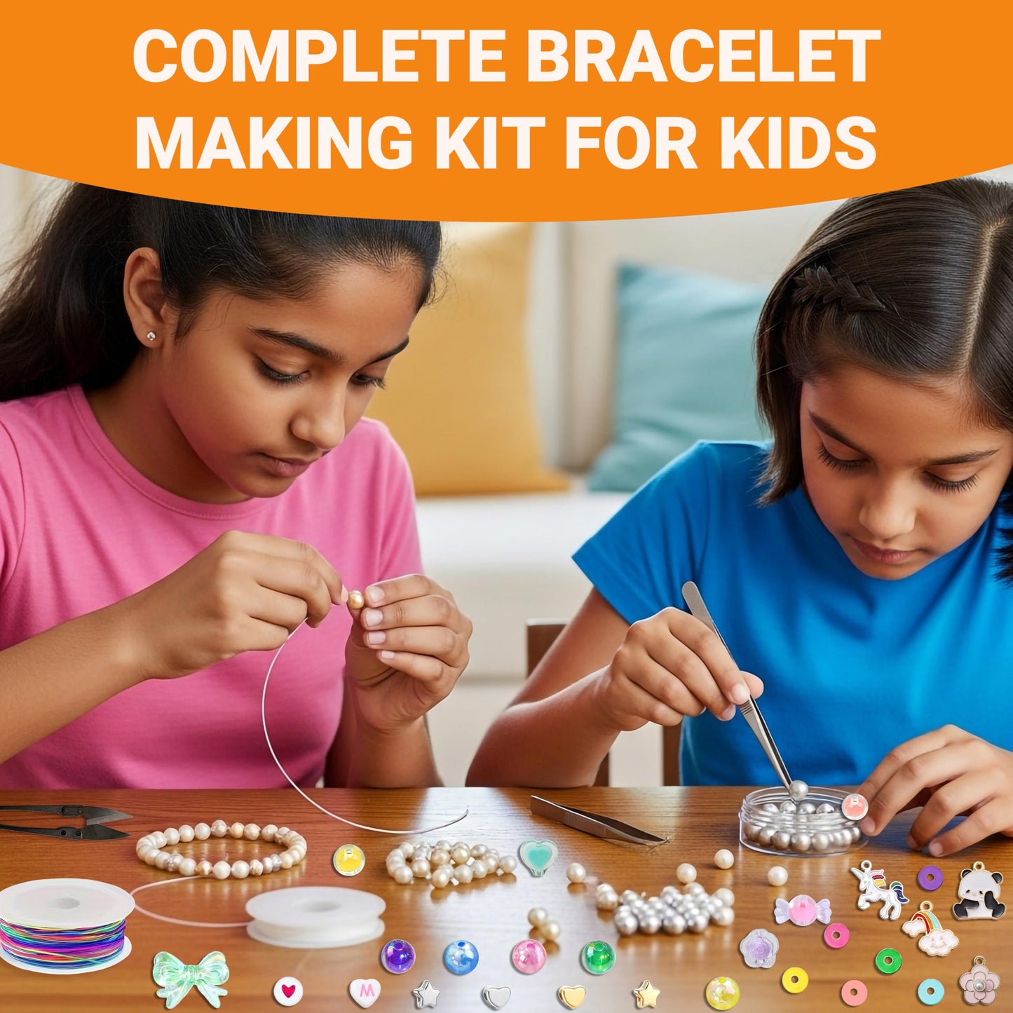 Multicolor Bracelet Making Set for Girls Age 8-12 Years Old with Beads Acrylic. Packaging and contents image showing the full set for craft use.