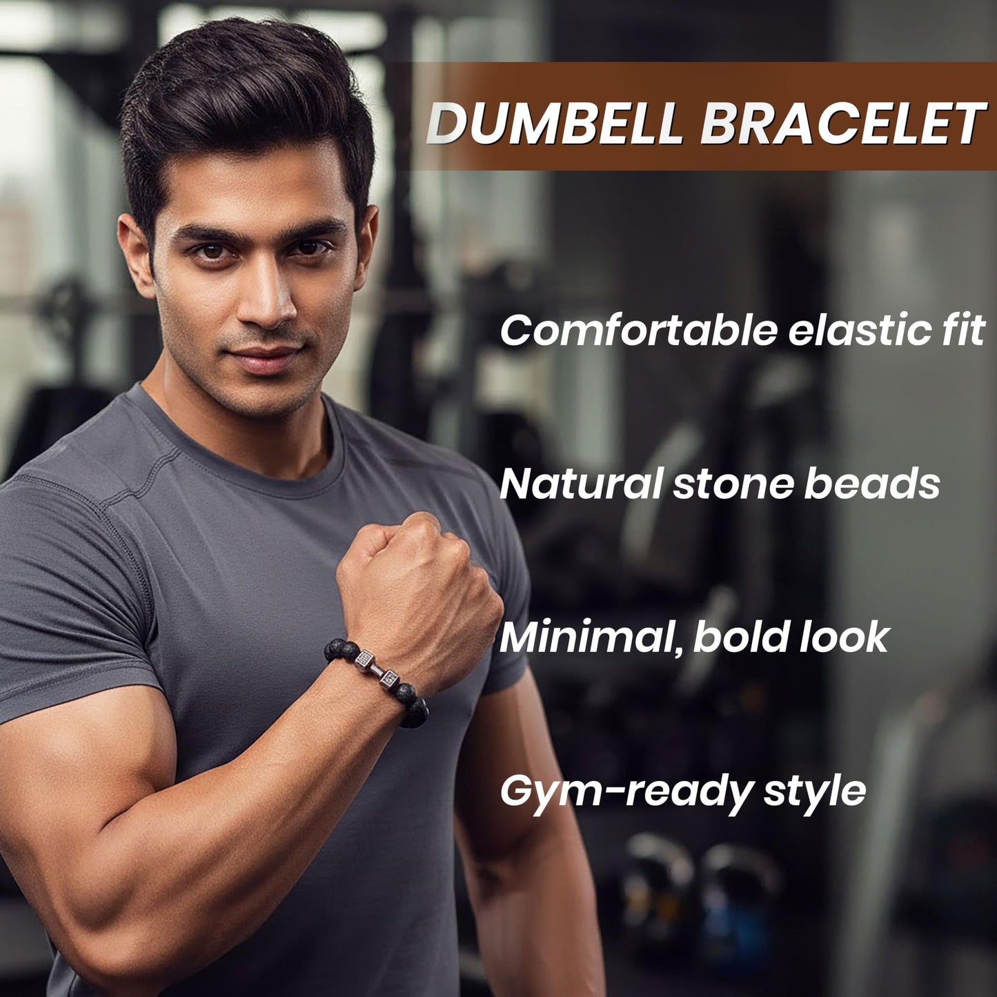 Dumbbell Charm Lava Stone Bracelet for Men, Black Gym image 2