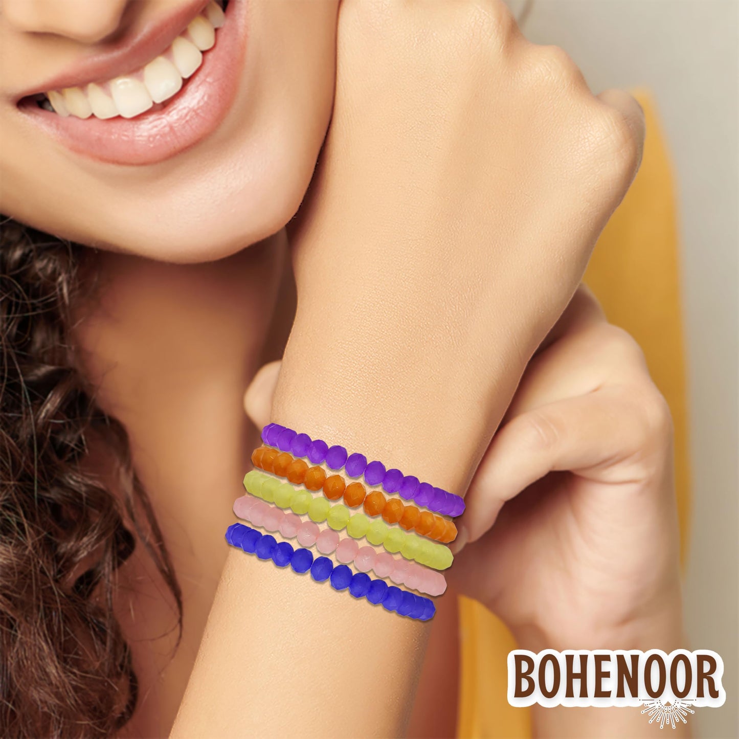 The attractive fashion detail finish of multicolour and pastel glass and elastic bracelet works nicely in festive outfits.