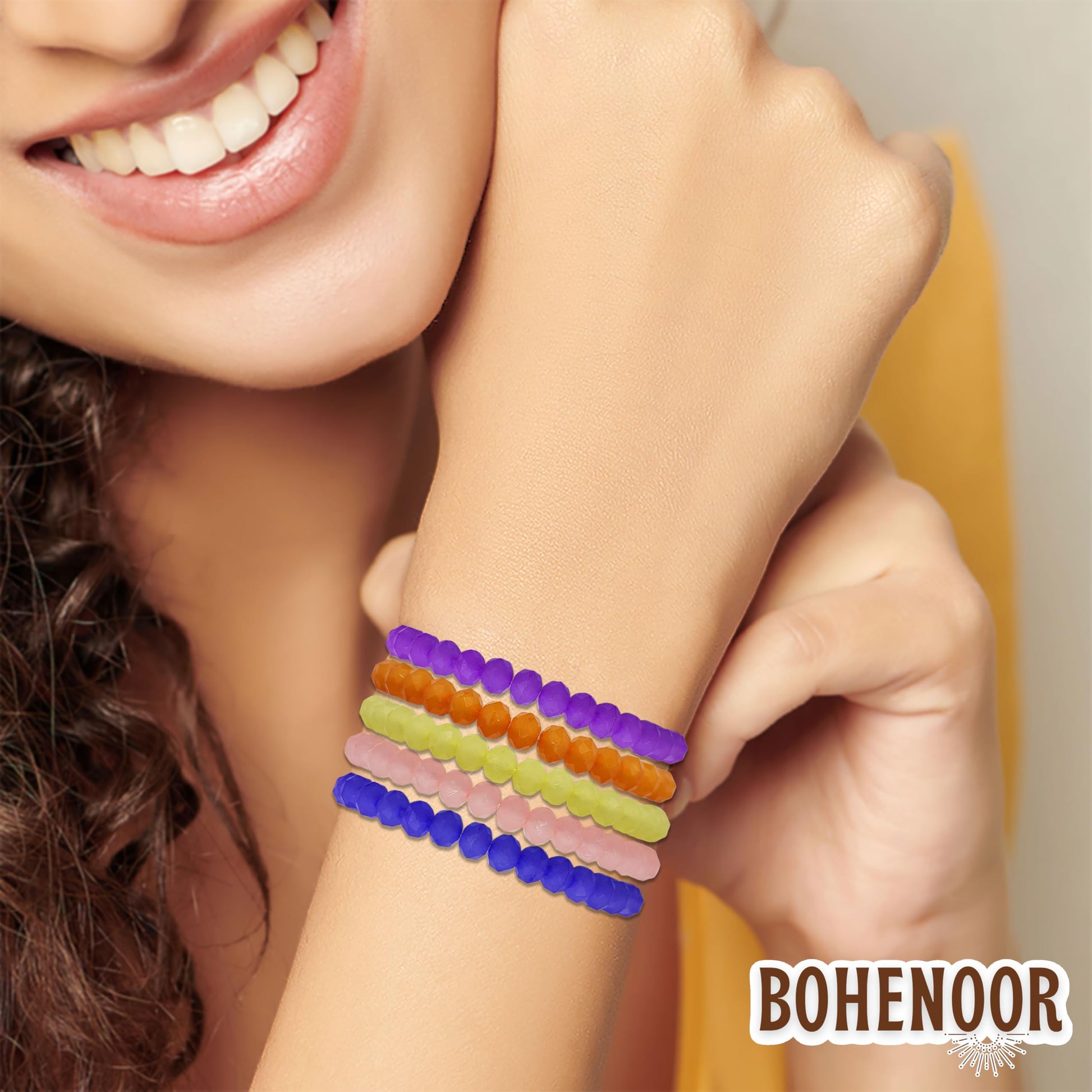 The attractive fashion detail finish of multicolour and pastel glass and elastic bracelet works nicely in festive outfits.