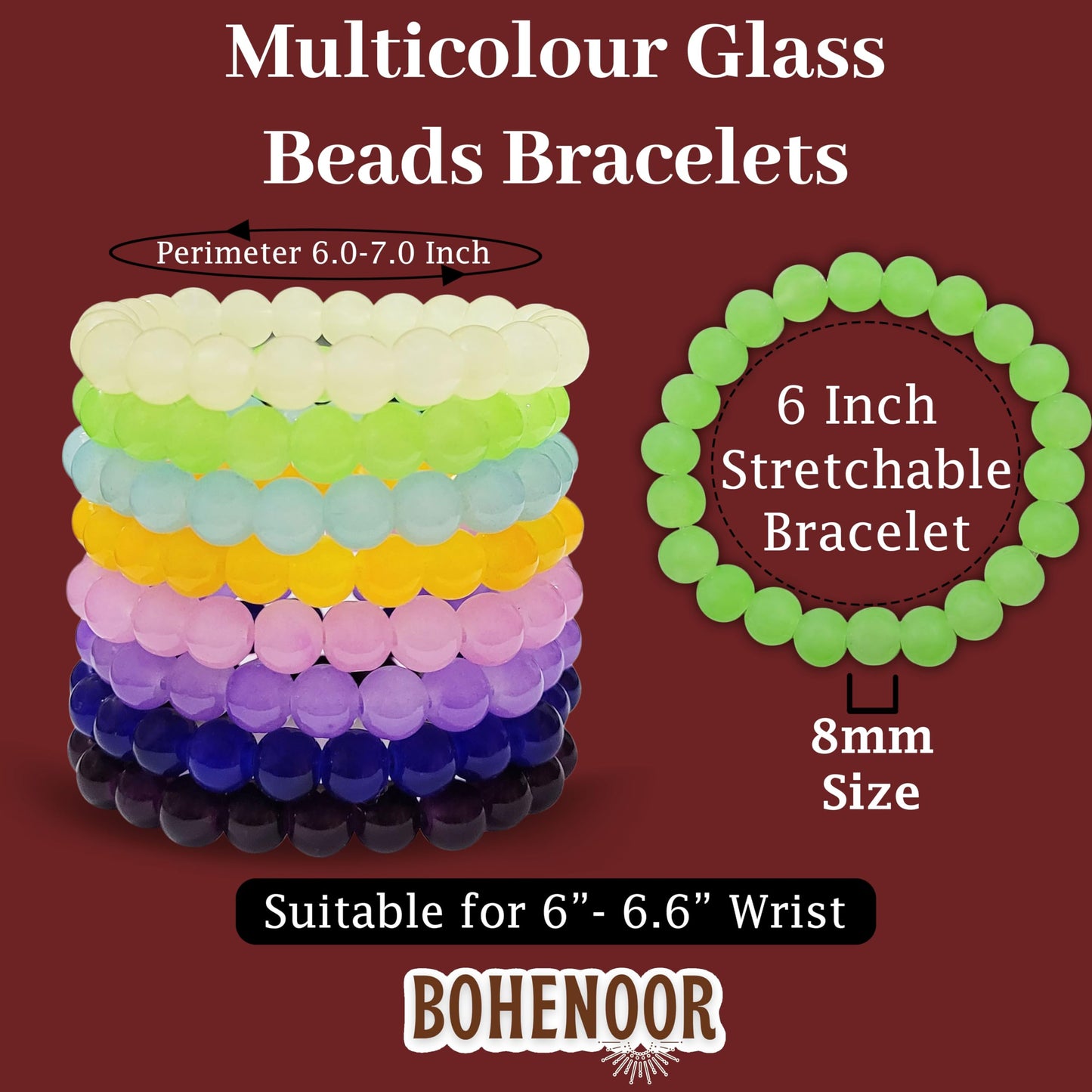 Multicolour glass and elastic bracelet is useful for detailed work in festive outfits.