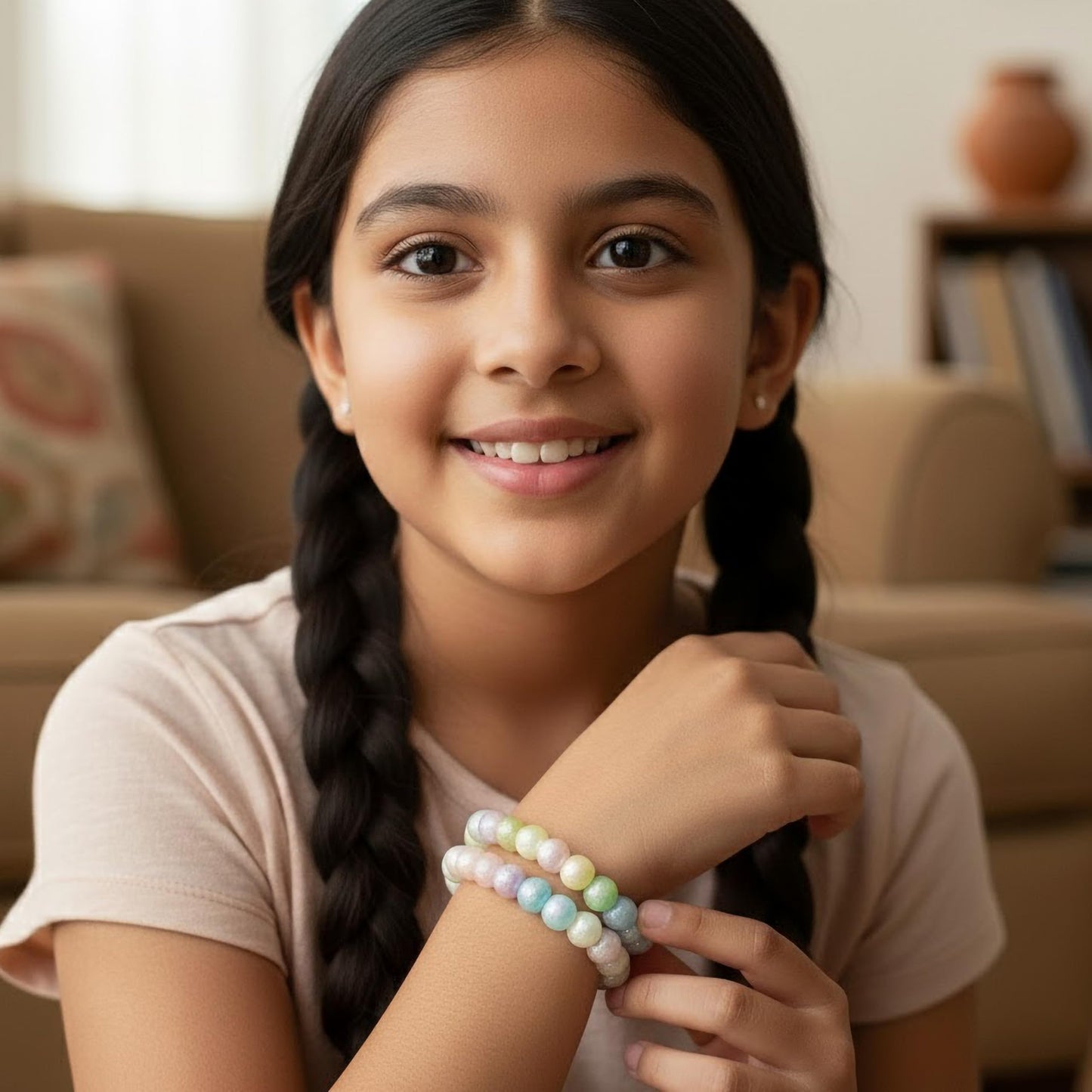 Pastel Rainbow Beaded Bracelet Combo for Girls, Elastic 2 Pcs image 2