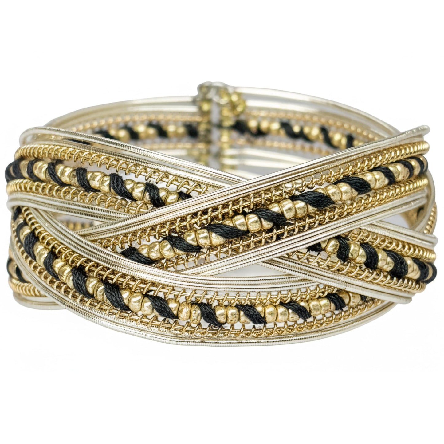 Gold and black criss cross beaded cuff statement bracelet.