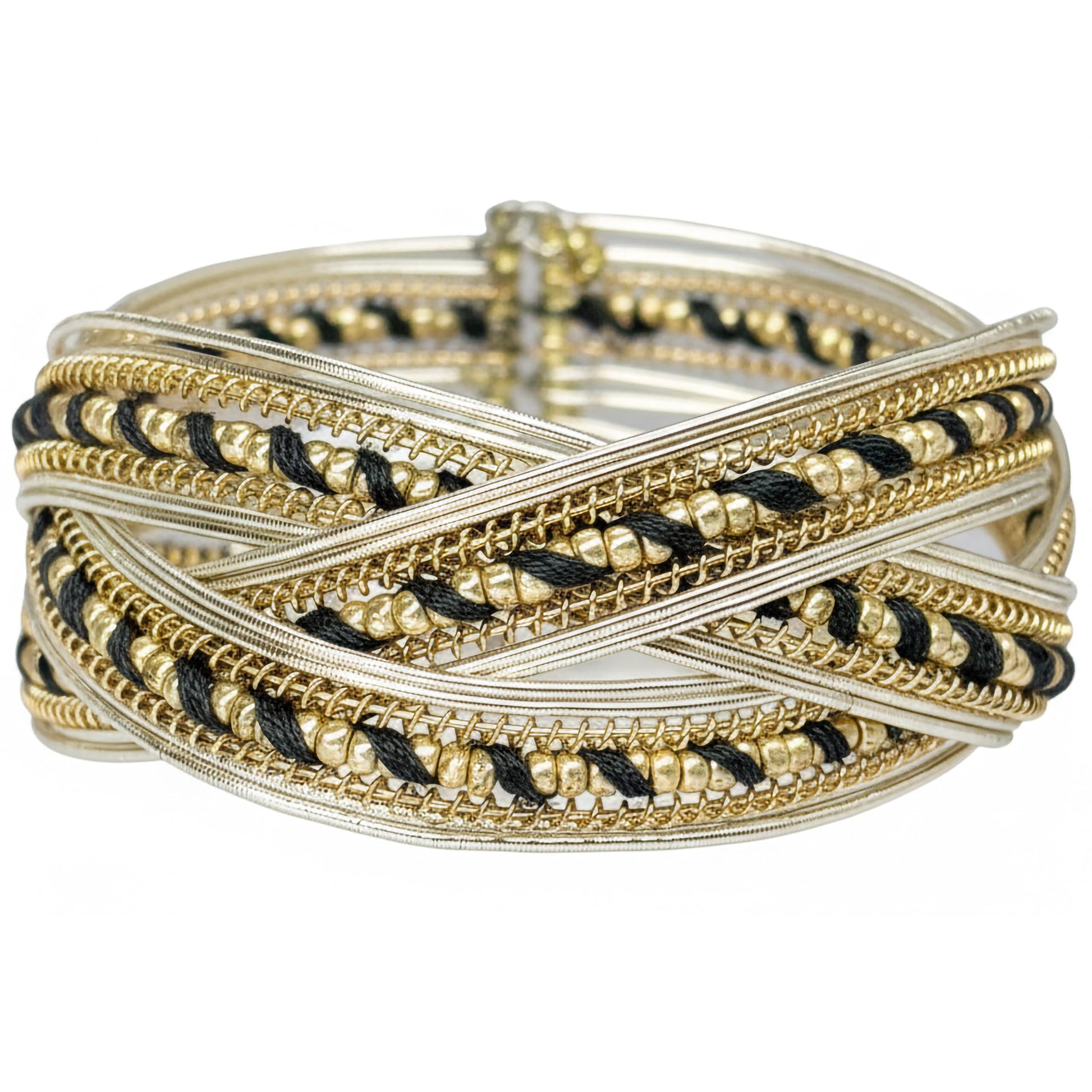 Gold and black criss cross beaded cuff statement bracelet.