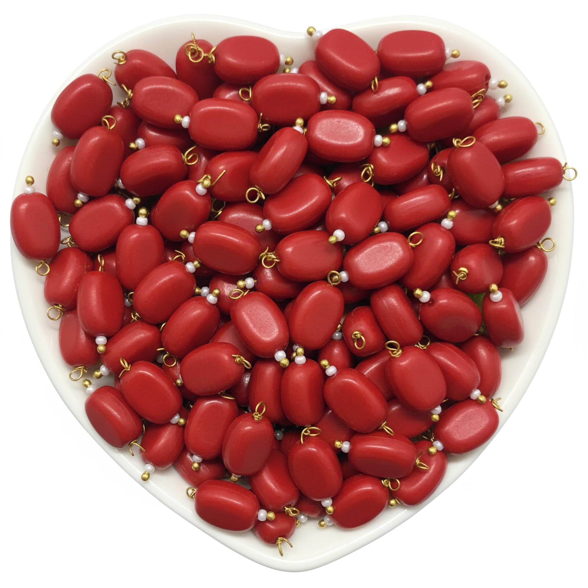 Make earring drops look more detailed with 10x7mm dark red glossy saree kuchu bead drops for traditional jewelry projects.