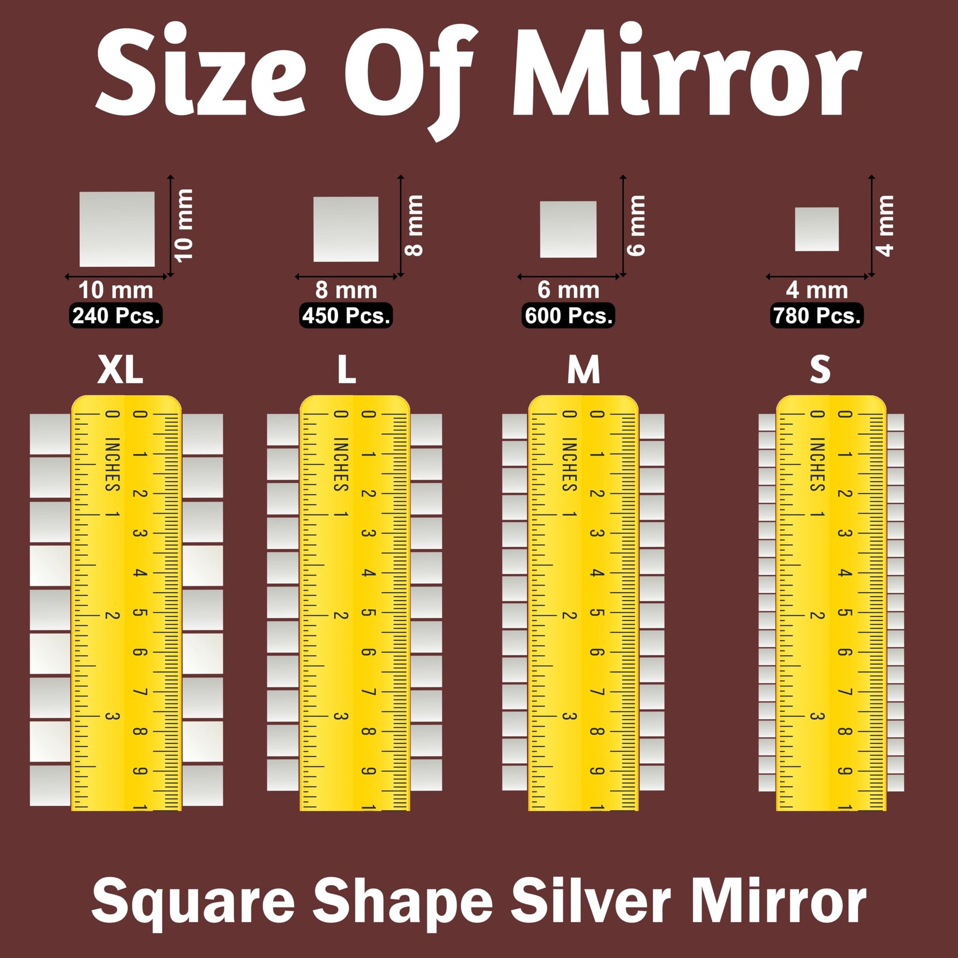 For polished results in mirror work, wall décor and decorative craft finishing, square s and silver 6mm and 100 grams Lippan art glass pieces help complete the design.
