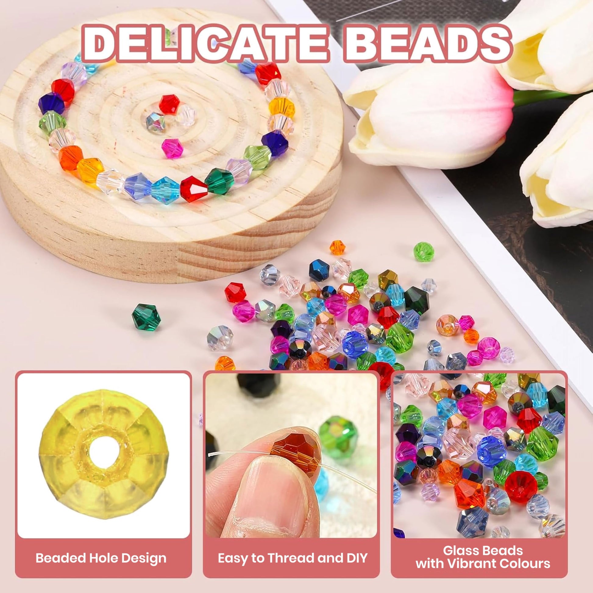 Multicolor Crystal Beads 4mm Glass Bicone Beads. Detailed product image showing size, surface, and material quality.