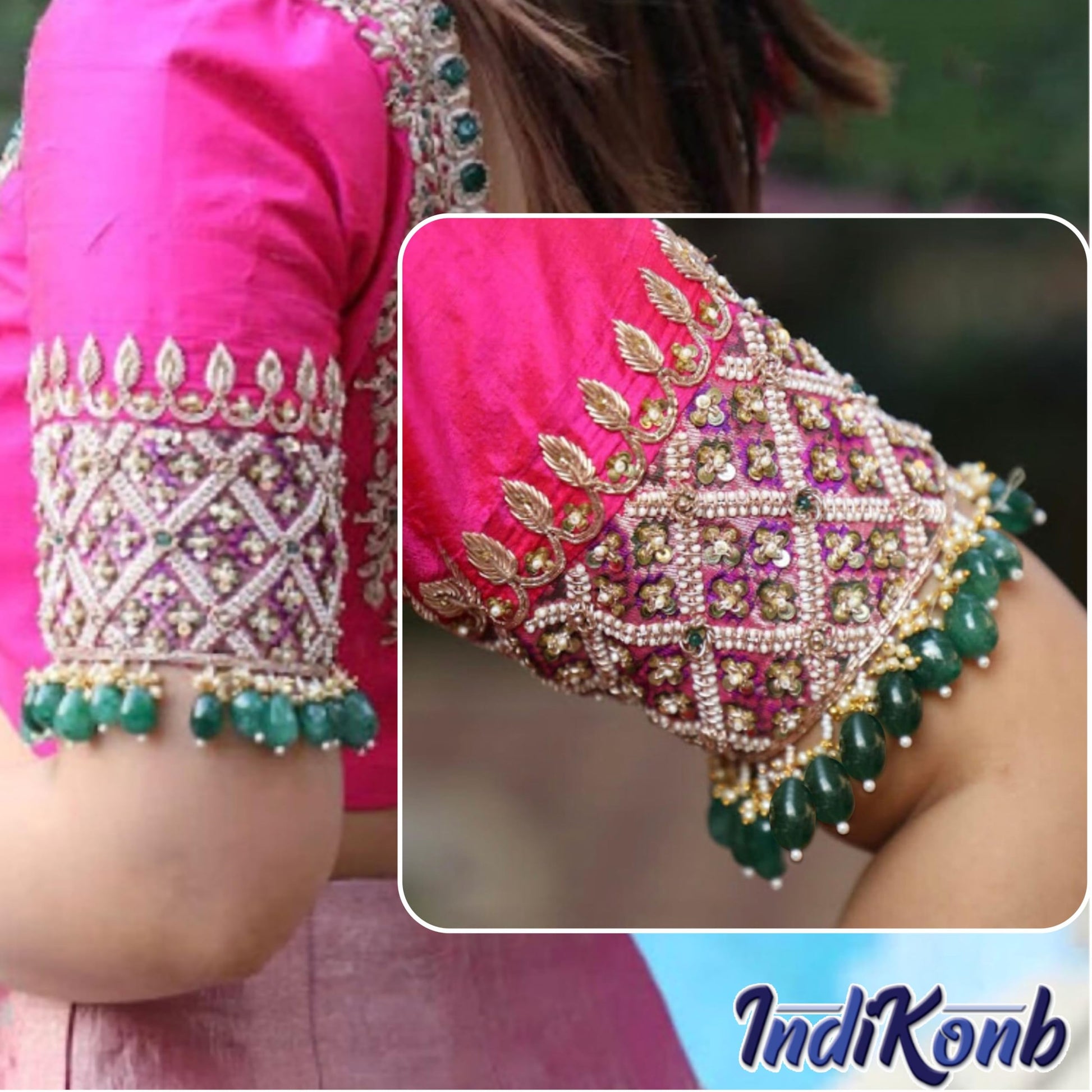 Style saree kuchu work and earring drops with 10x7mm cyan smooth blouse latkan beads and a neat craft finish.