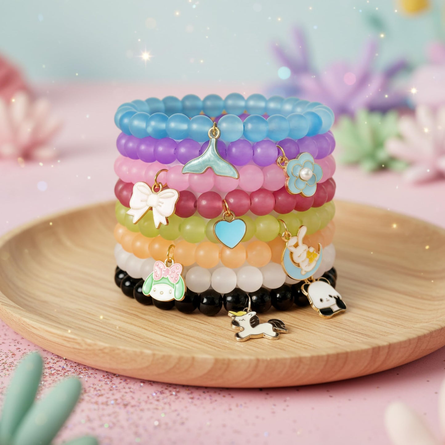 Gift a light and cheerful accessory set with 8-piece beaded bracelets for easy wear.