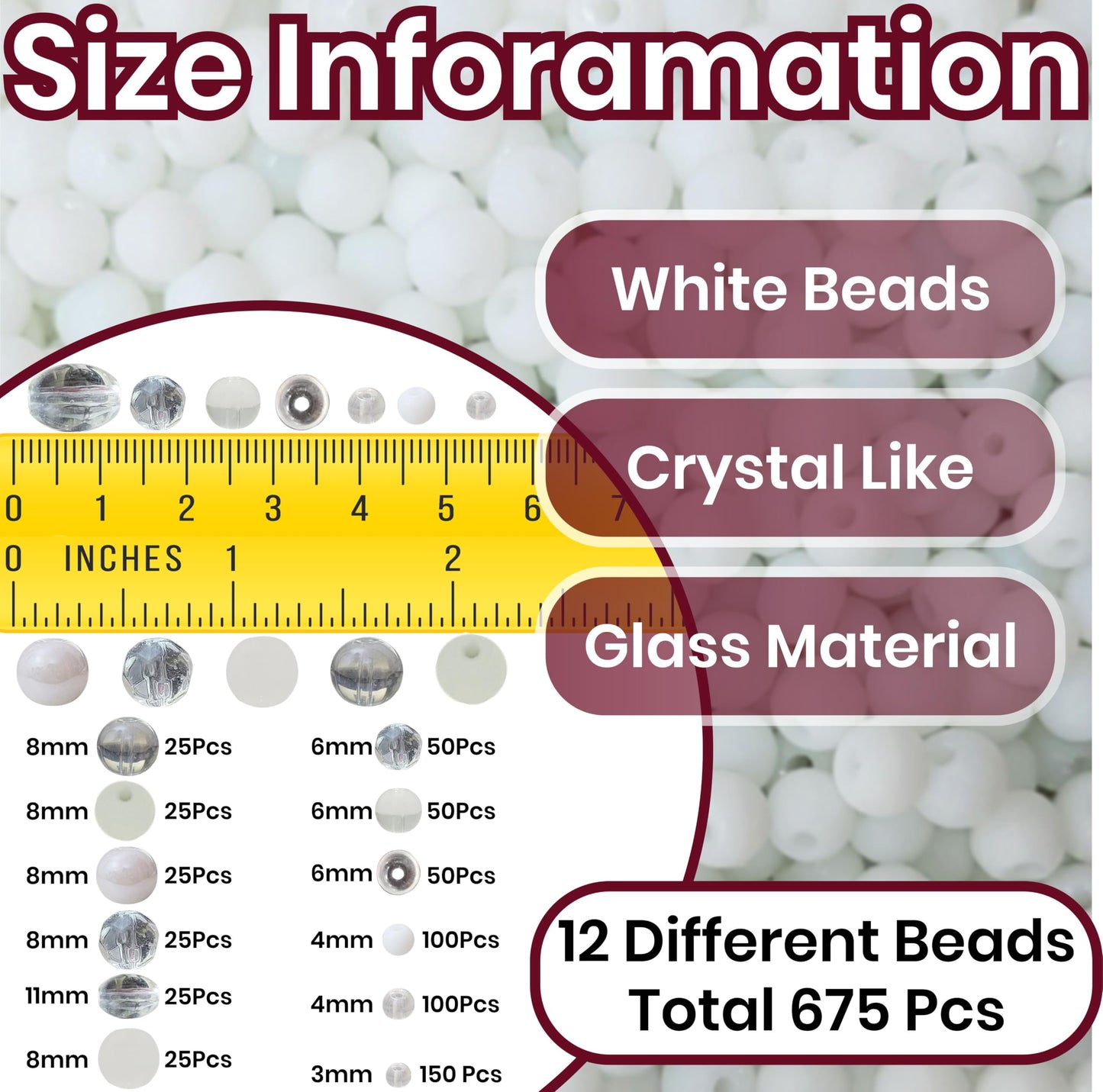 White and transparent 3mm 4mm,6mm,8mm beads offer a handmade beadwork accent to handmade projects for necklace making and DIY jewellery projects.
