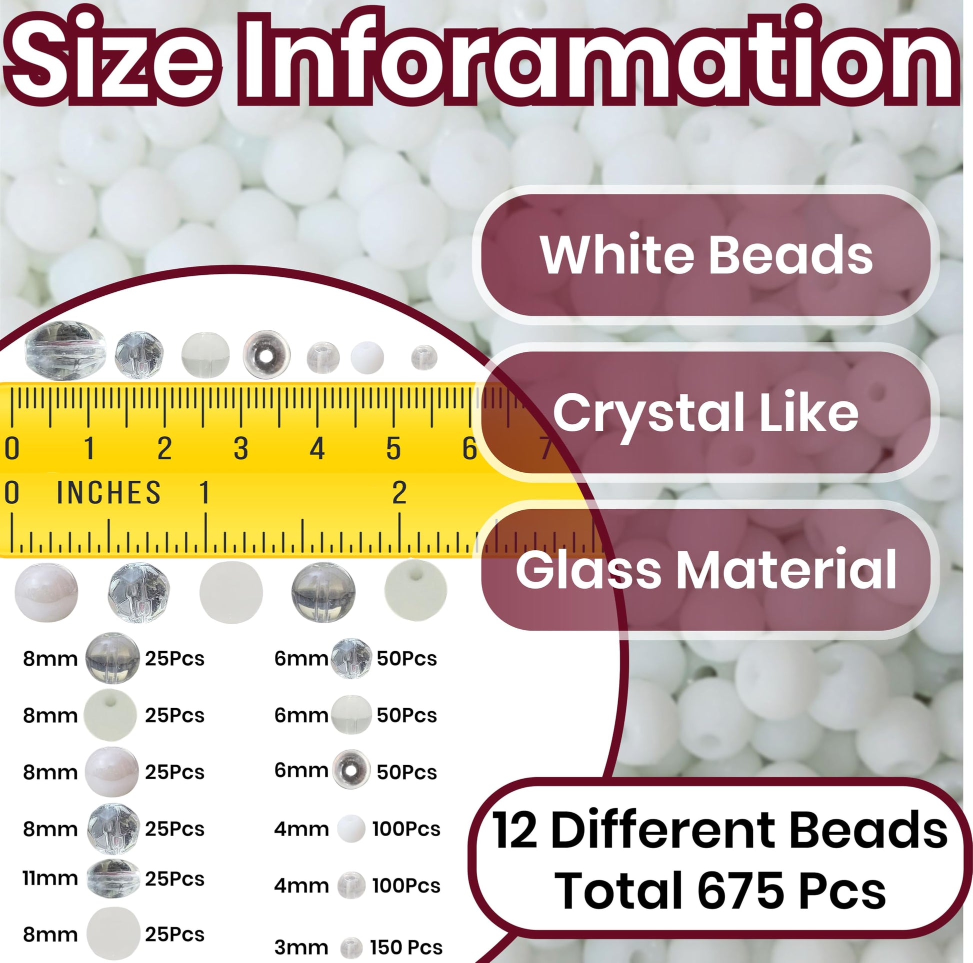 White and transparent 3mm 4mm,6mm,8mm beads offer a handmade beadwork accent to handmade projects for necklace making and DIY jewellery projects.