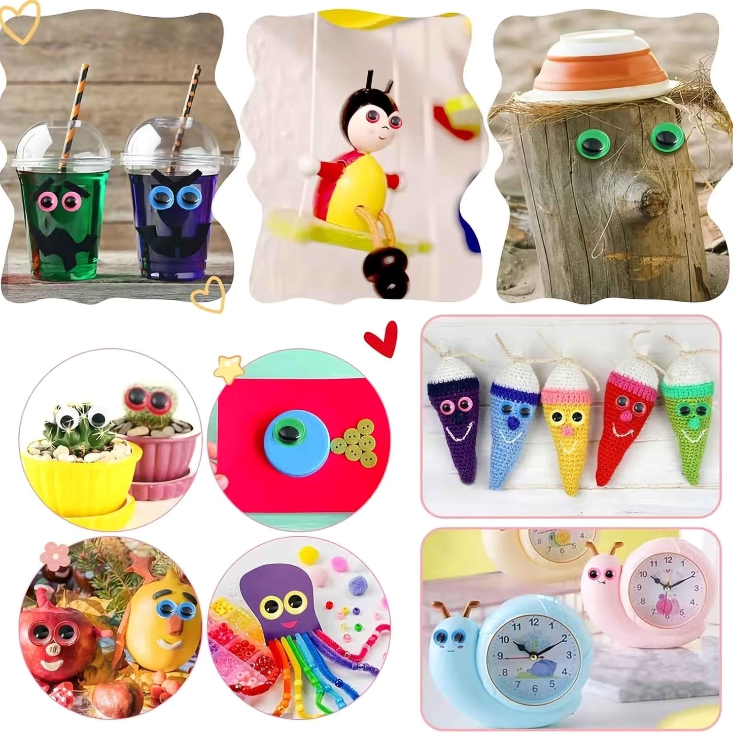 Create funny faces on dolls, posters and kids' projects using multicolor moving-pupil eyes.