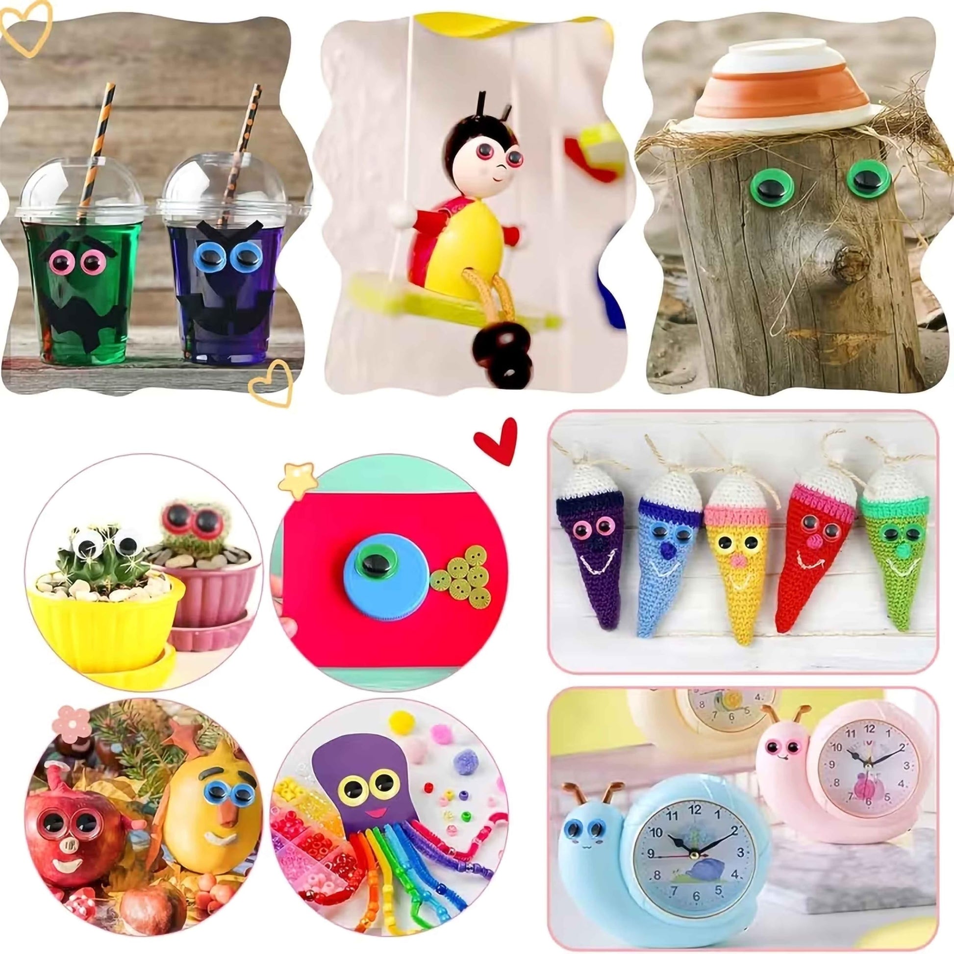 Create funny faces on dolls, posters and kids' projects using multicolor moving-pupil eyes.
