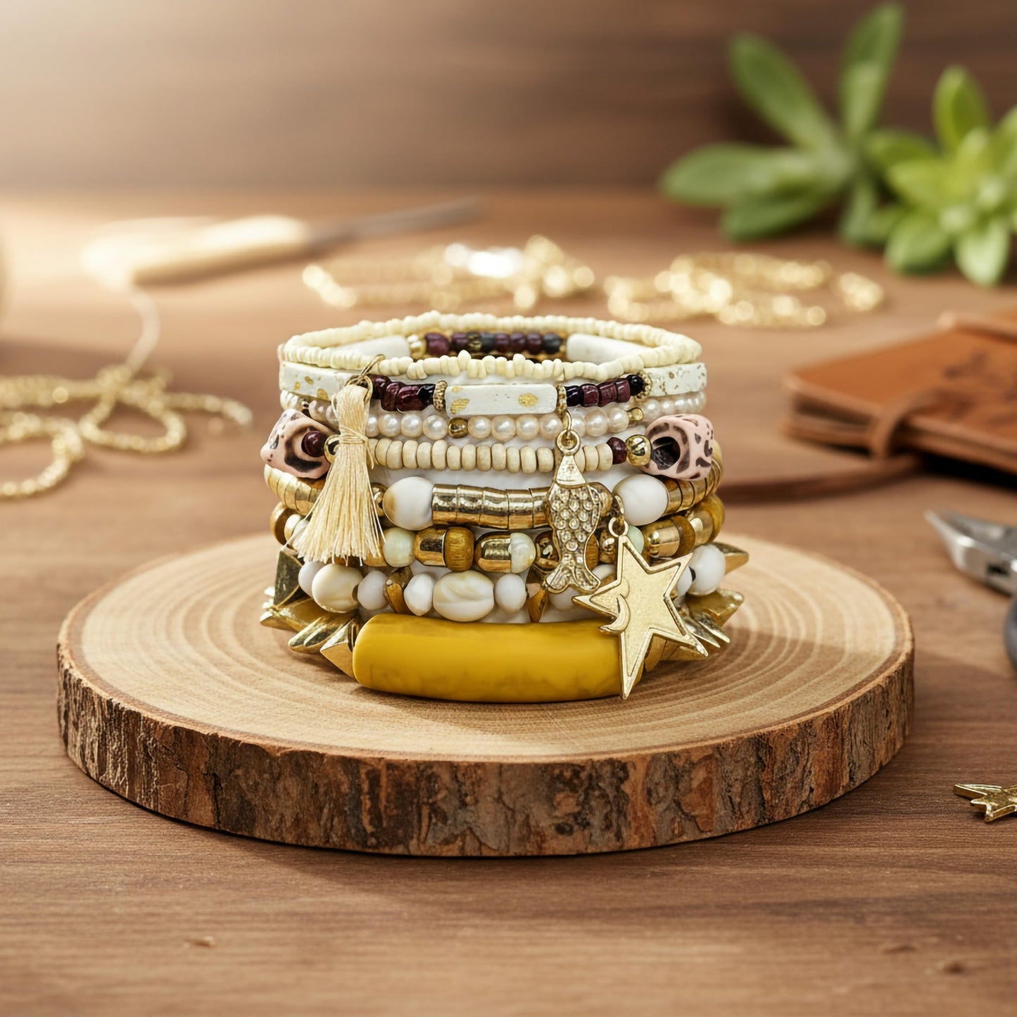 Create a breezy handmade look with white beads, shell details and stacked bracelet styling.
