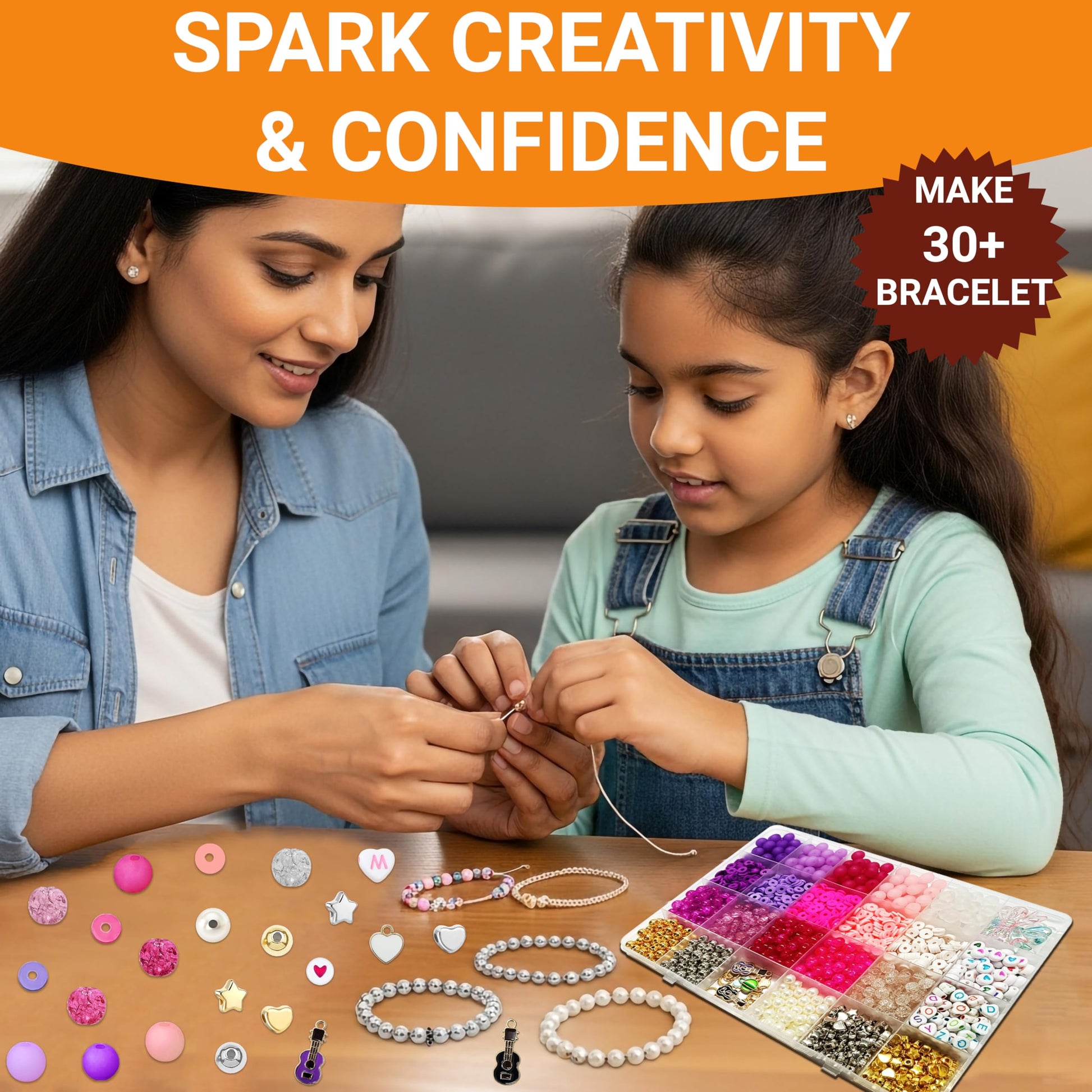 Multicolor Bracelet Making Set for Girls Age 8-12 Years Old with Beads Acrylic. Detailed product image showing size, surface, and material quality.