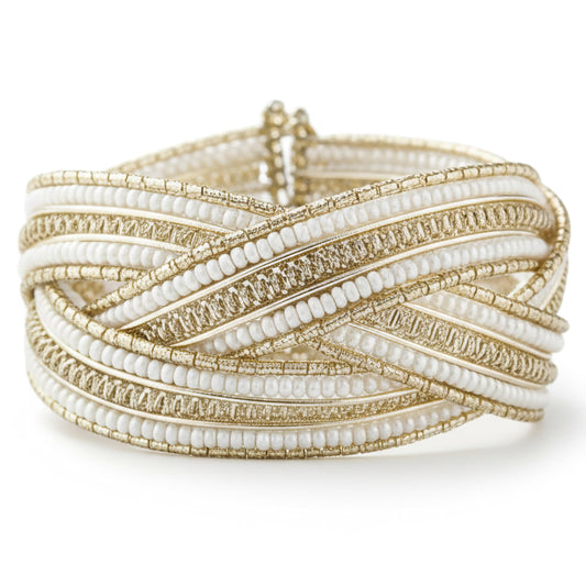White gold criss cross beaded cuff bracelet wide design