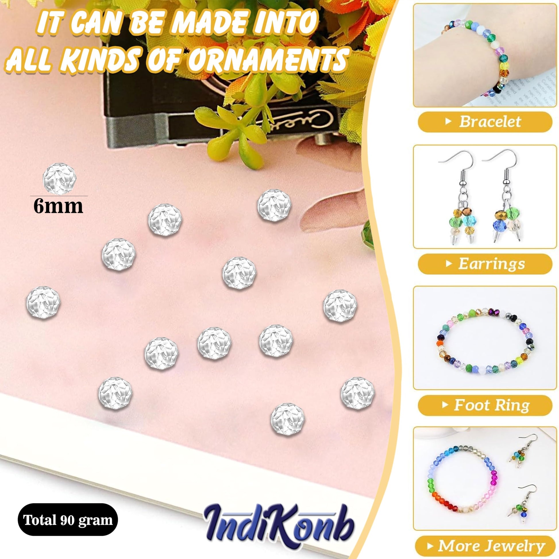 White and transparent 6mm and 90 grams beads keep necklace making and DIY jewellery projects visually clean while adding handmade beadwork accent to handmade projects.