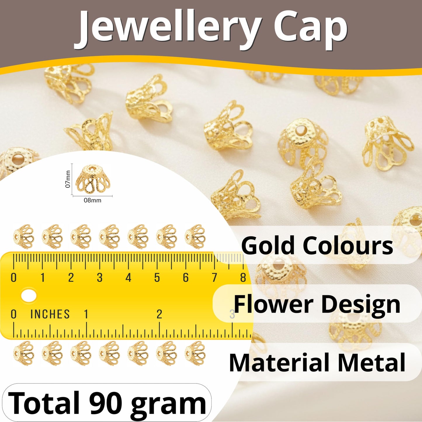 Create a neat finish in latkan work and bead jewelry with jewelry-ready jhumka cap findings.