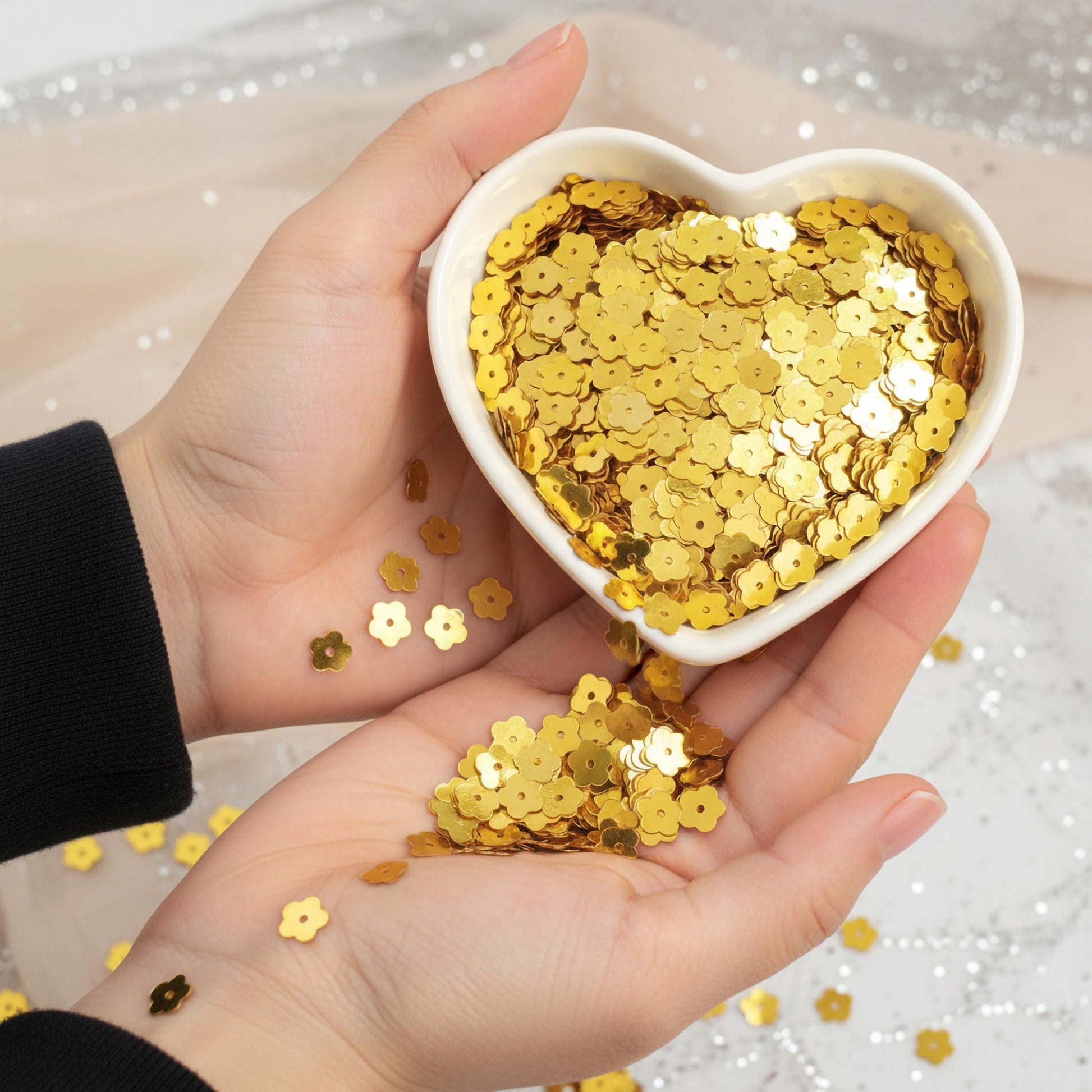Shiny gold metallic sequin embellishments turn boutique craft projects into more expressive craft work.