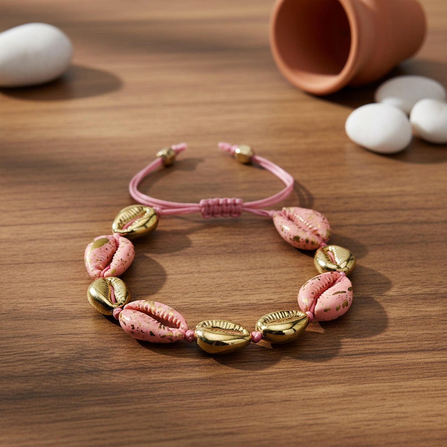 Fashion shell bracelet with blush pink beads and gold accents