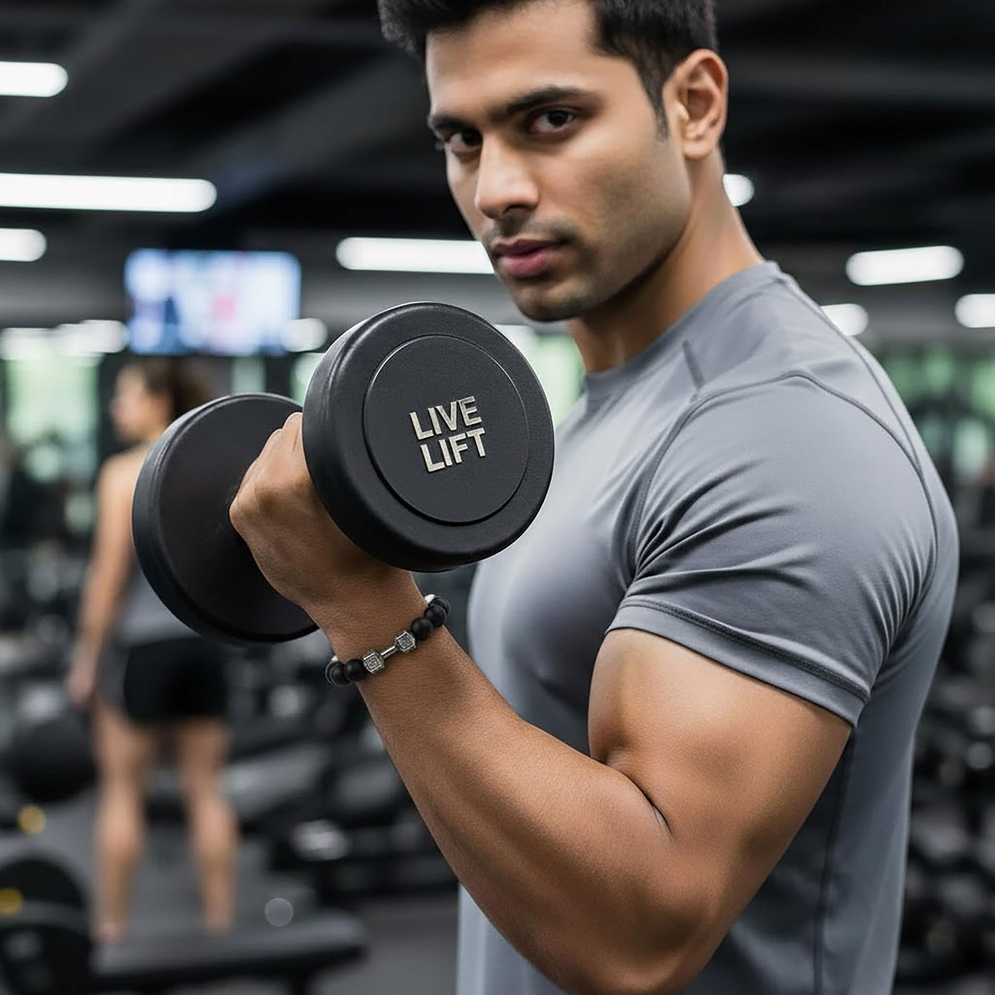 Black Gym Bracelet for Men with Silver Accents, Dumbbell Black and Silver image 3