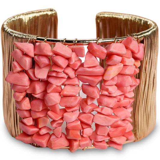 Make wrist styling stand out with a pink stone chip cuff bracelet and gold-tone wire detail.