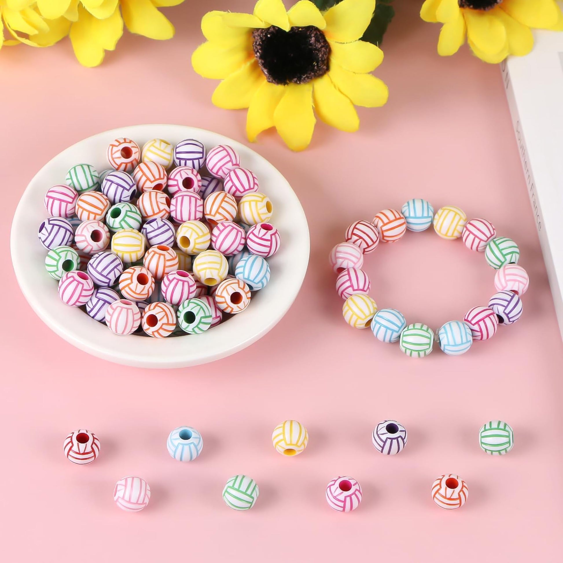 Round beads with volleyball stripe pattern in mixed colors