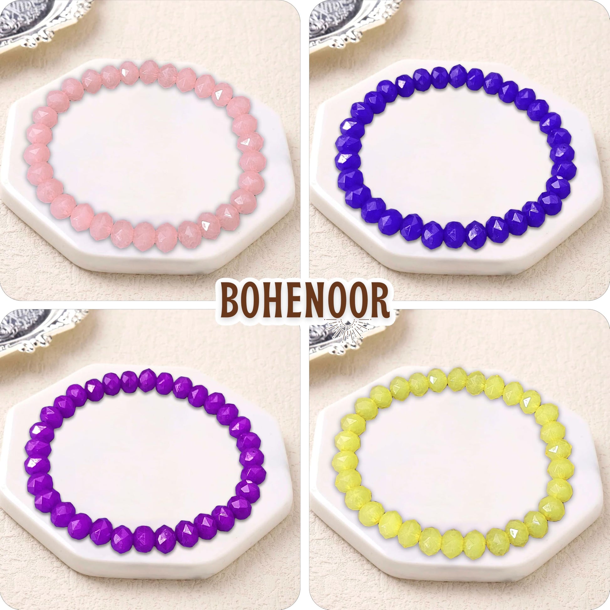 Multicolour and pastel glass and elastic bracelet helps create ready to wear accessory feel in casual accessory looks.