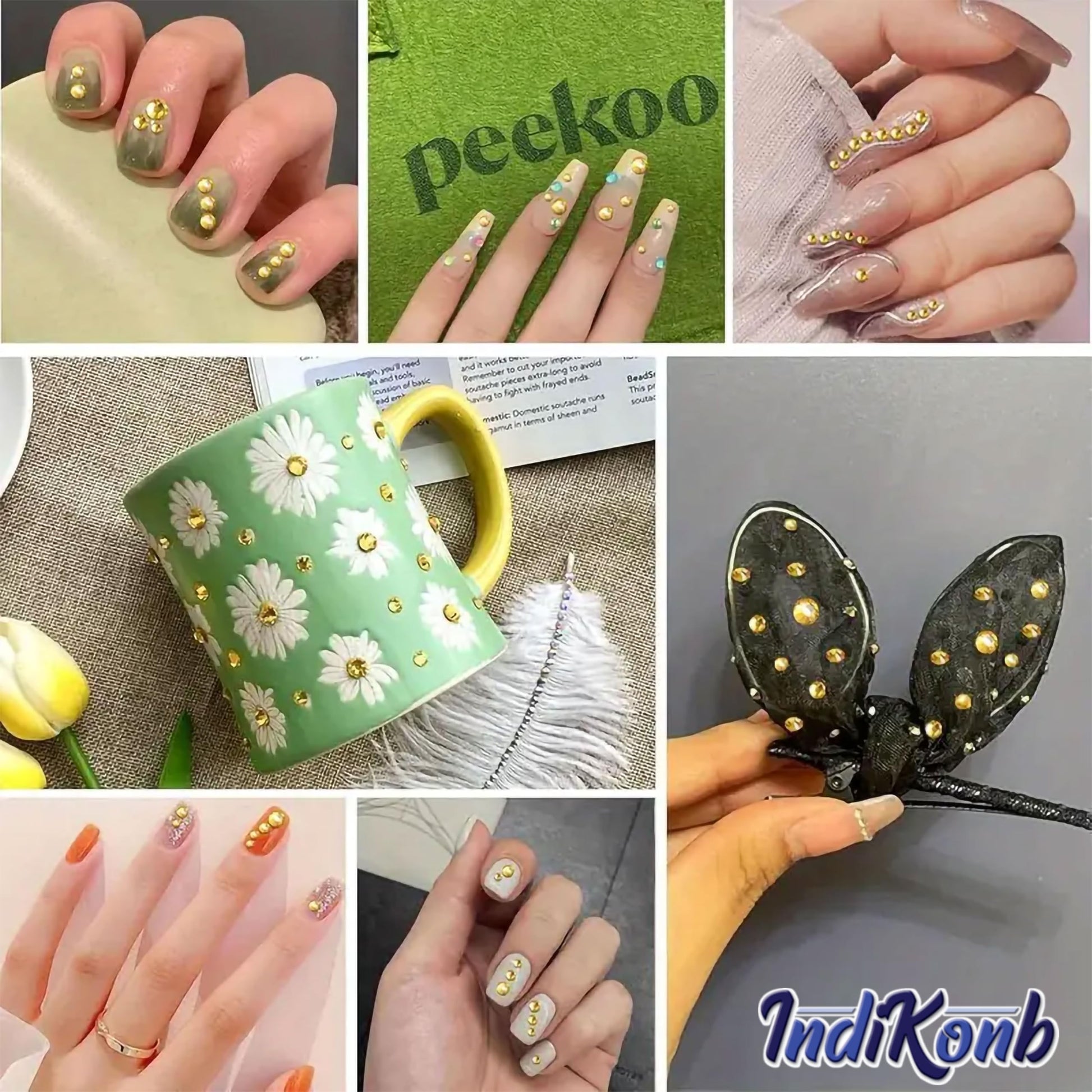 Neat decorative finish comes through clearly in light yellow 6mm and multicolour 4mm, 5mm, 6mm rhinestones and flatback stones for fabric decoration, flatback craft designs and decorative craft.