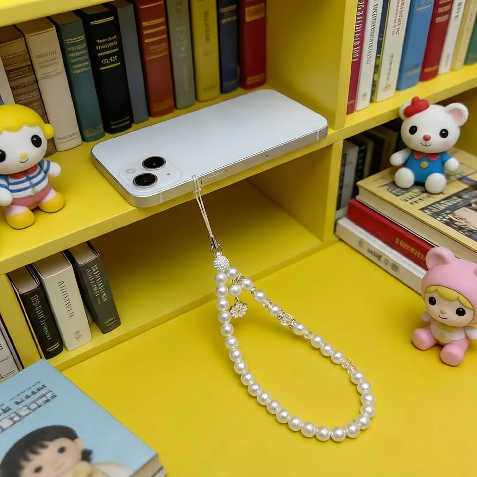 White Cell Phone Mobile Strap with Crystal Beads. Detailed product image showing size, surface, and material quality.