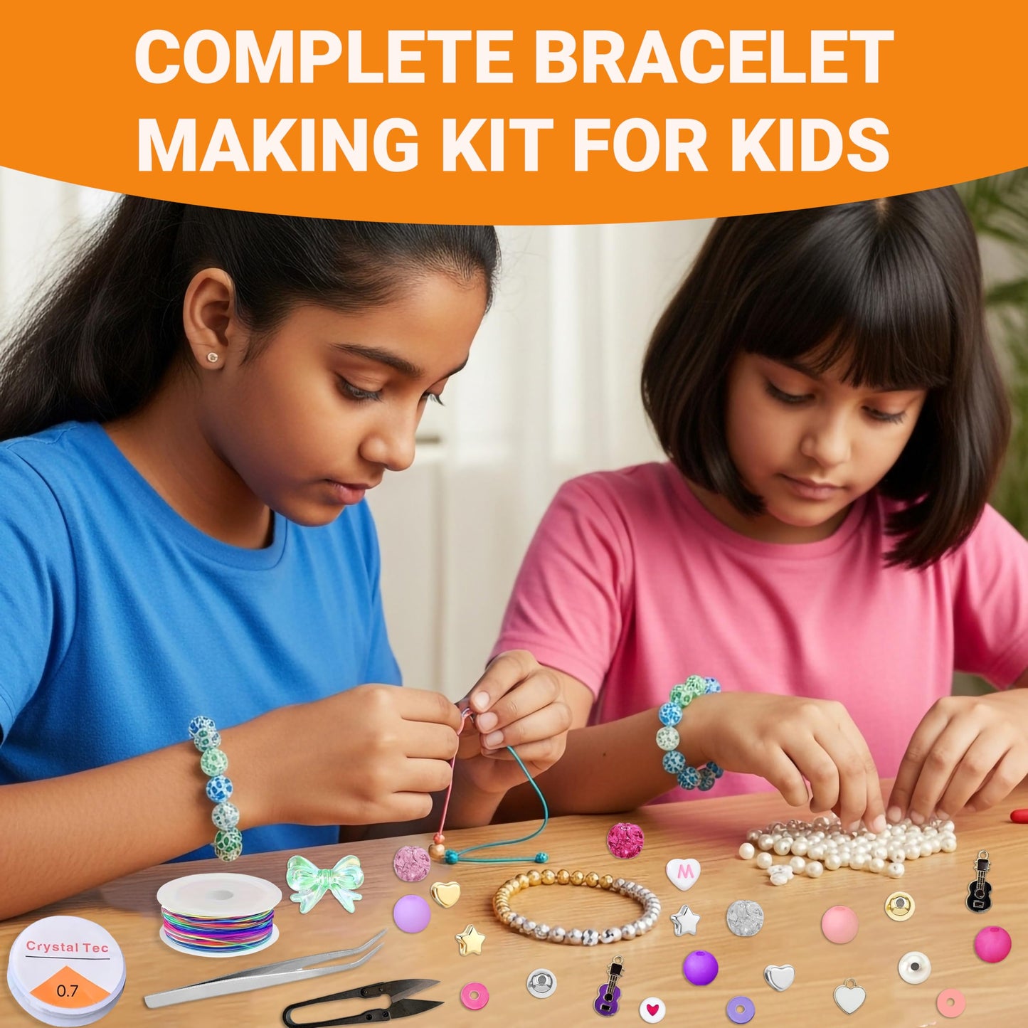 Multicolor Bracelet Making Set for Girls Age 8-12 Years Old with Beads Acrylic. Packaging and contents image showing the full set for craft use.