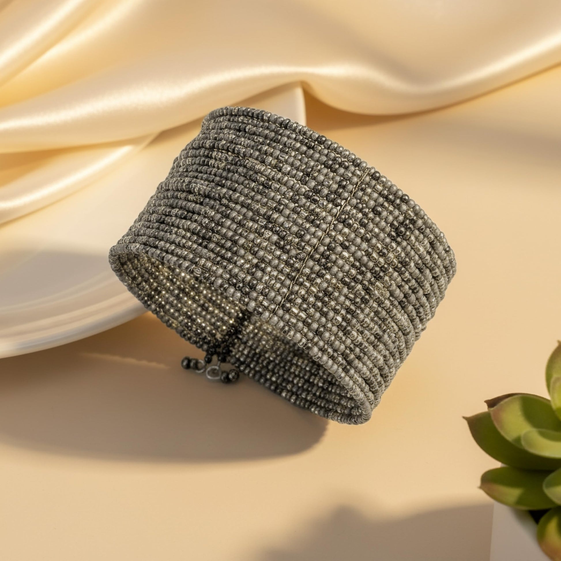 Trendy silver bead wrap cuff bracelet adjustable fit