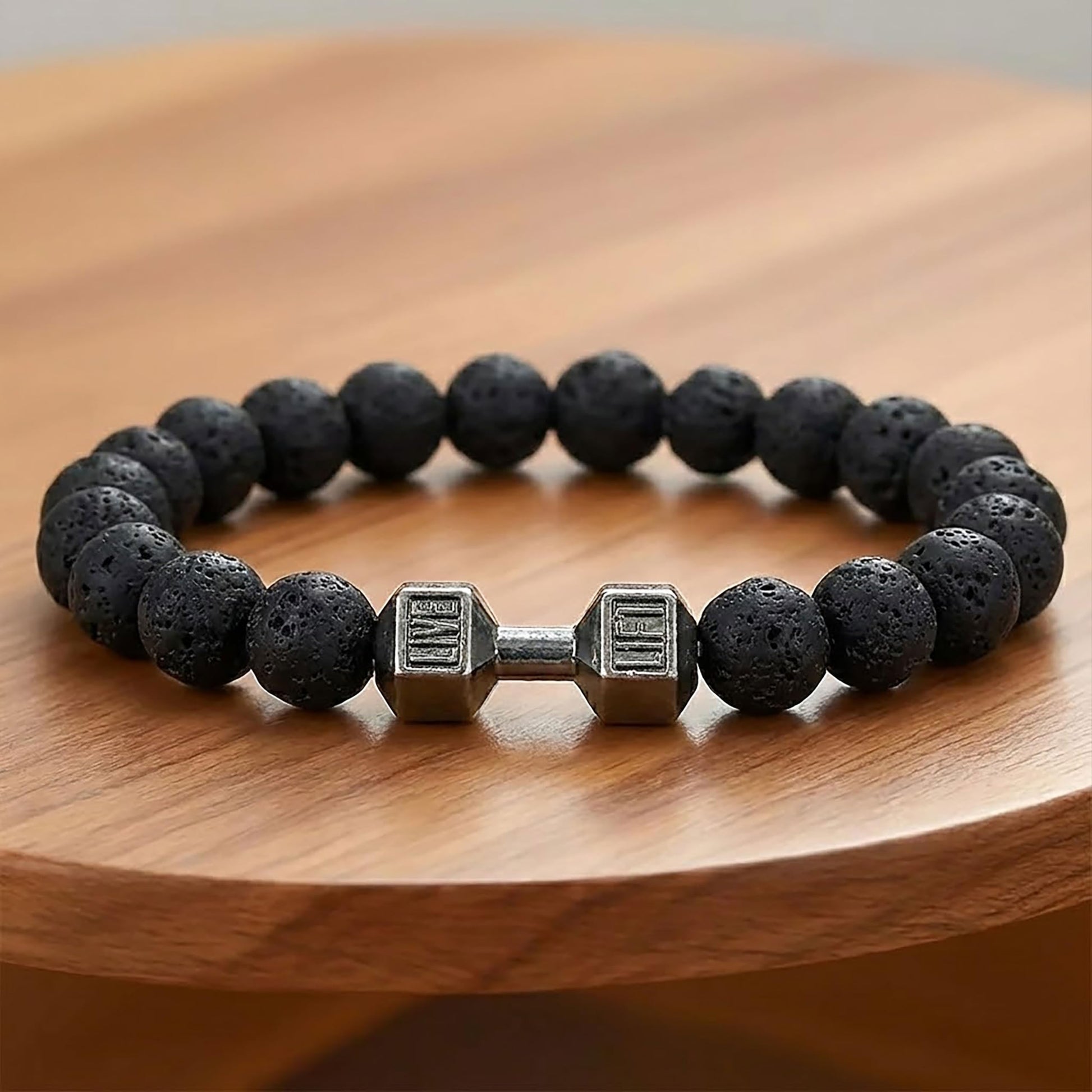 Dumbbell Charm Lava Stone Bracelet for Men, Black Gym image 4