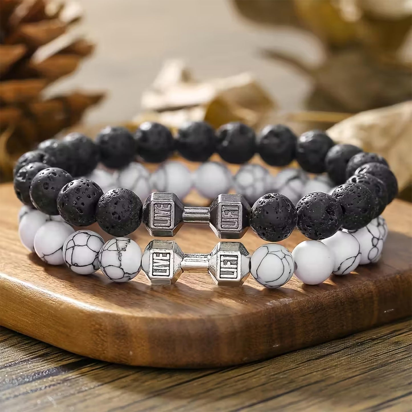 Dumbbell Bracelet for Men Black and White Combo, Gym image 4