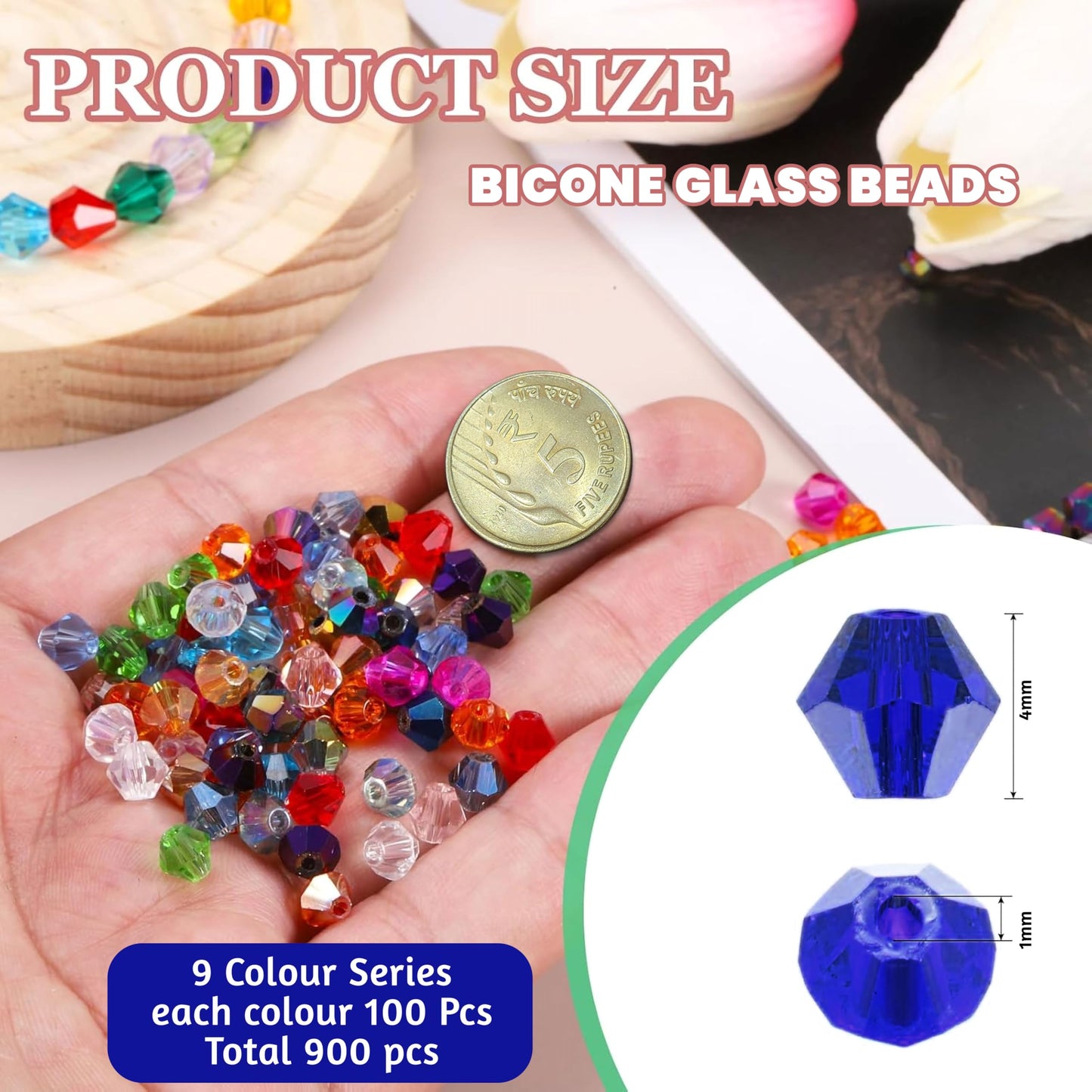 Multicolor Crystal Beads 4mm Glass Bicone Beads. Close-up image showing color, shape, finish, and texture details.