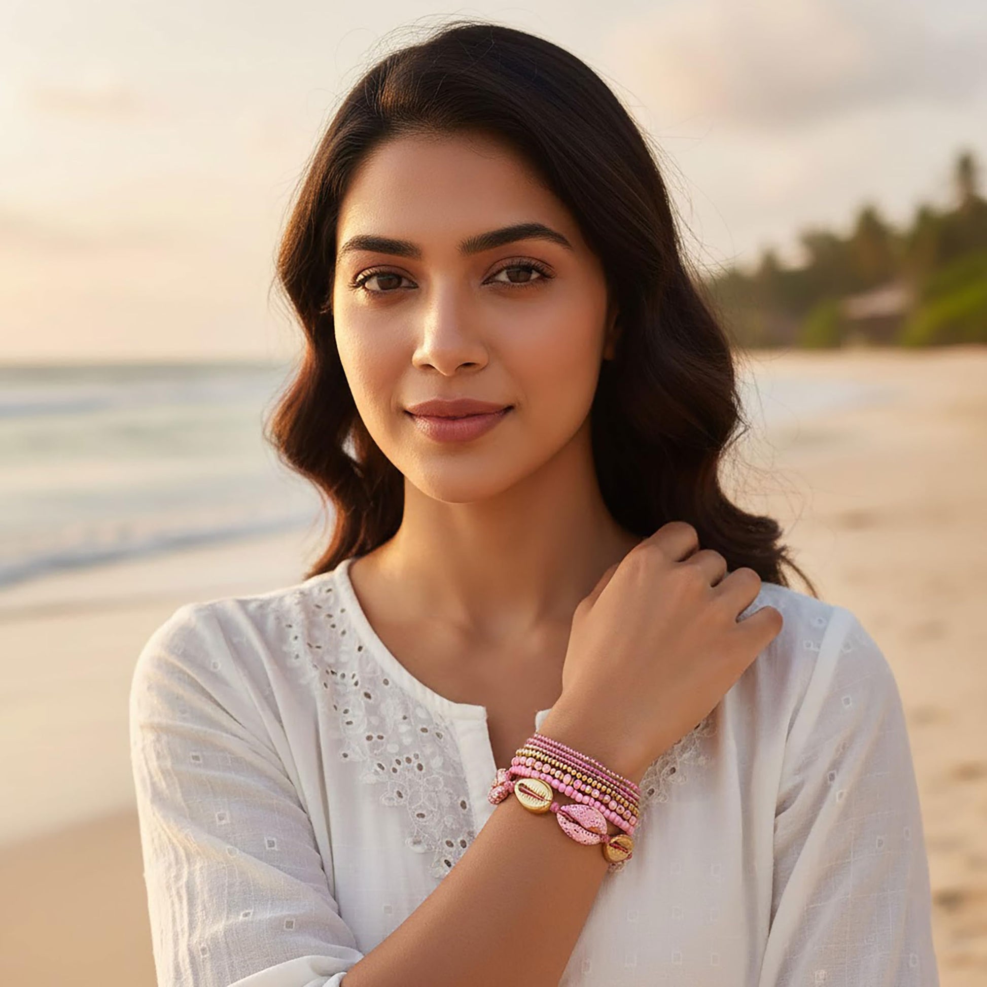 Pink Bohemian Layered Bracelet Stack for Women, Shell image 2