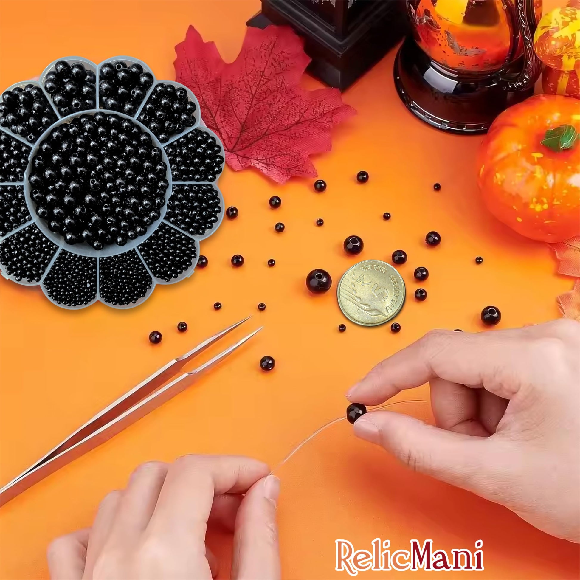For neat results in beading craft, black - 5 size and white 3mm, 4mm, 5mm, 6mm, 8mm, 10mm beads are a useful detail.