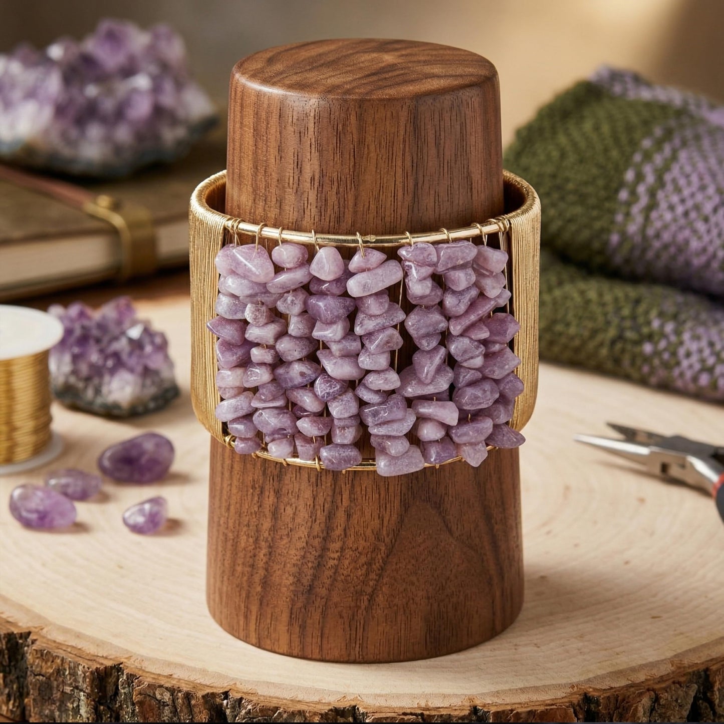 Bring modern jewelry texture to daily looks with lavender stone chips wrapped in a cuff design.