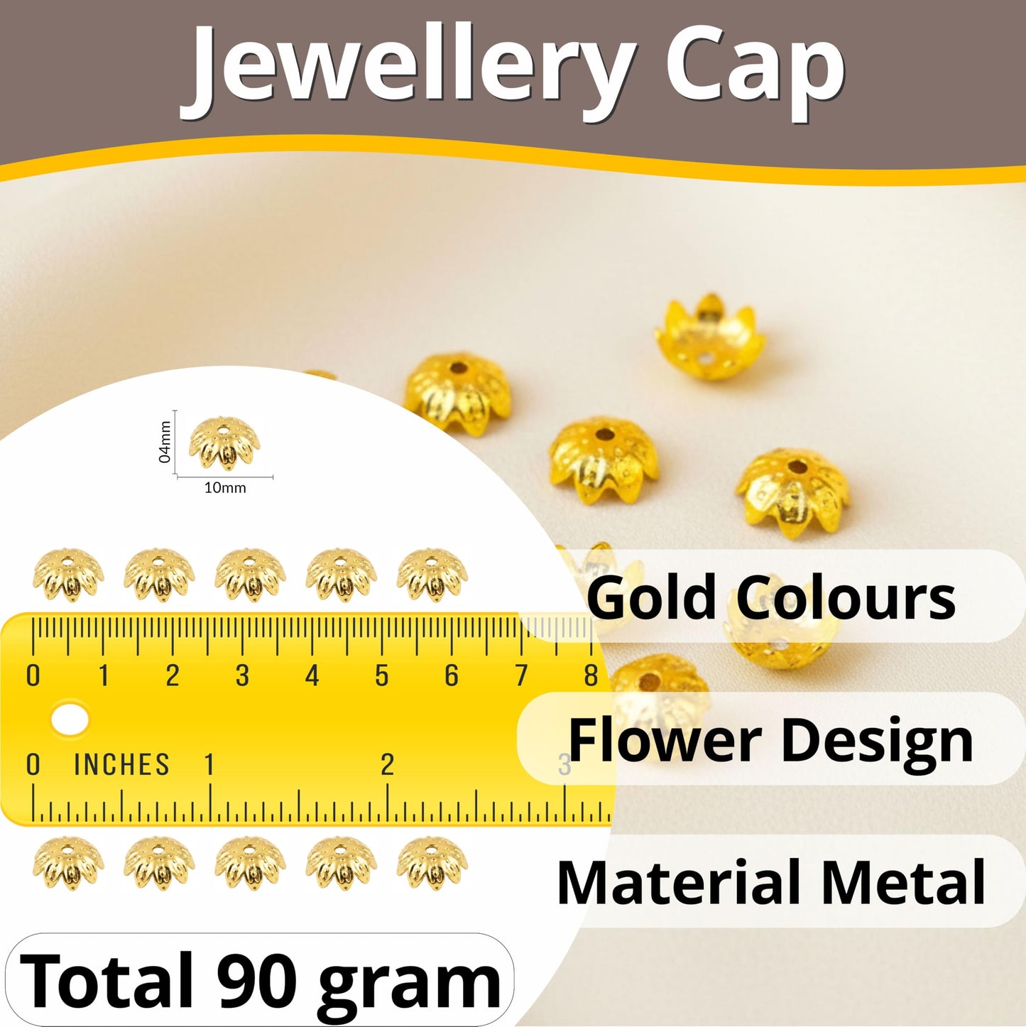 These metallic gold latkan finishing caps bring jhumka-style texture to latkan work and bead jewelry.