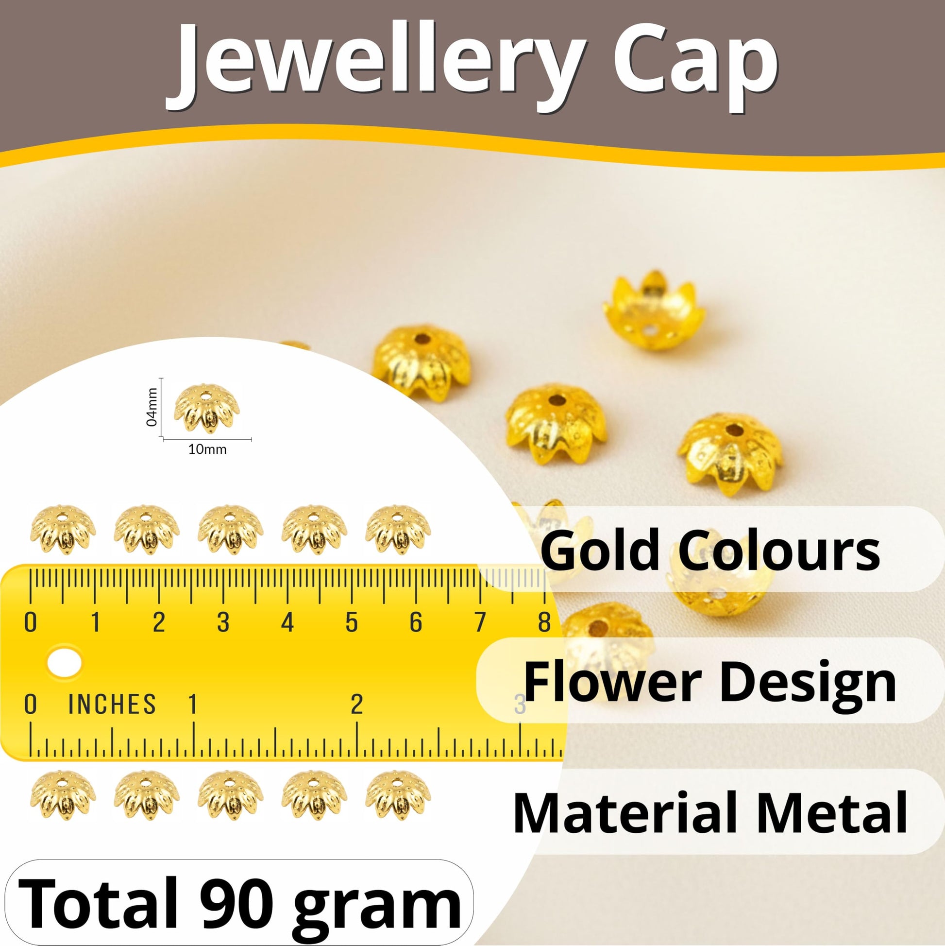 These metallic gold latkan finishing caps bring jhumka-style texture to latkan work and bead jewelry.
