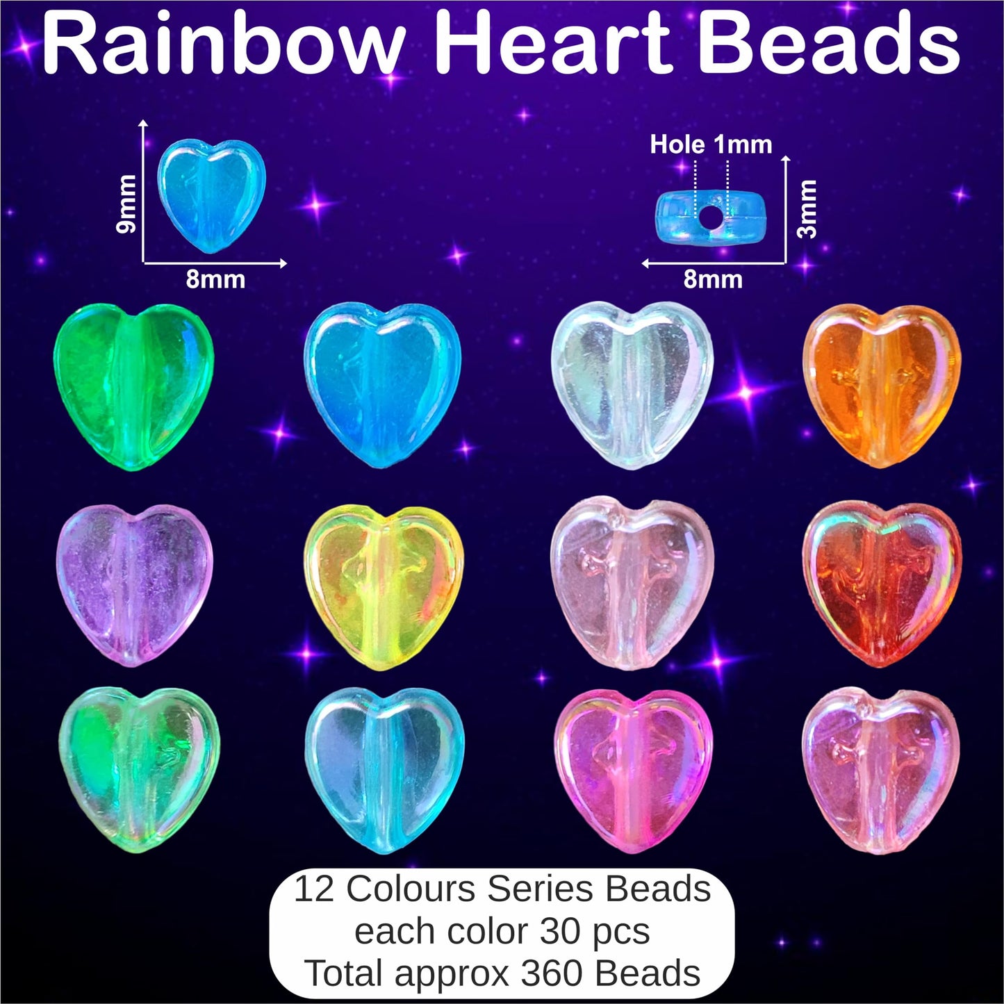 Multicolor Heart Shaped Rainbow Beads - 8mm Plastic Craft Beads