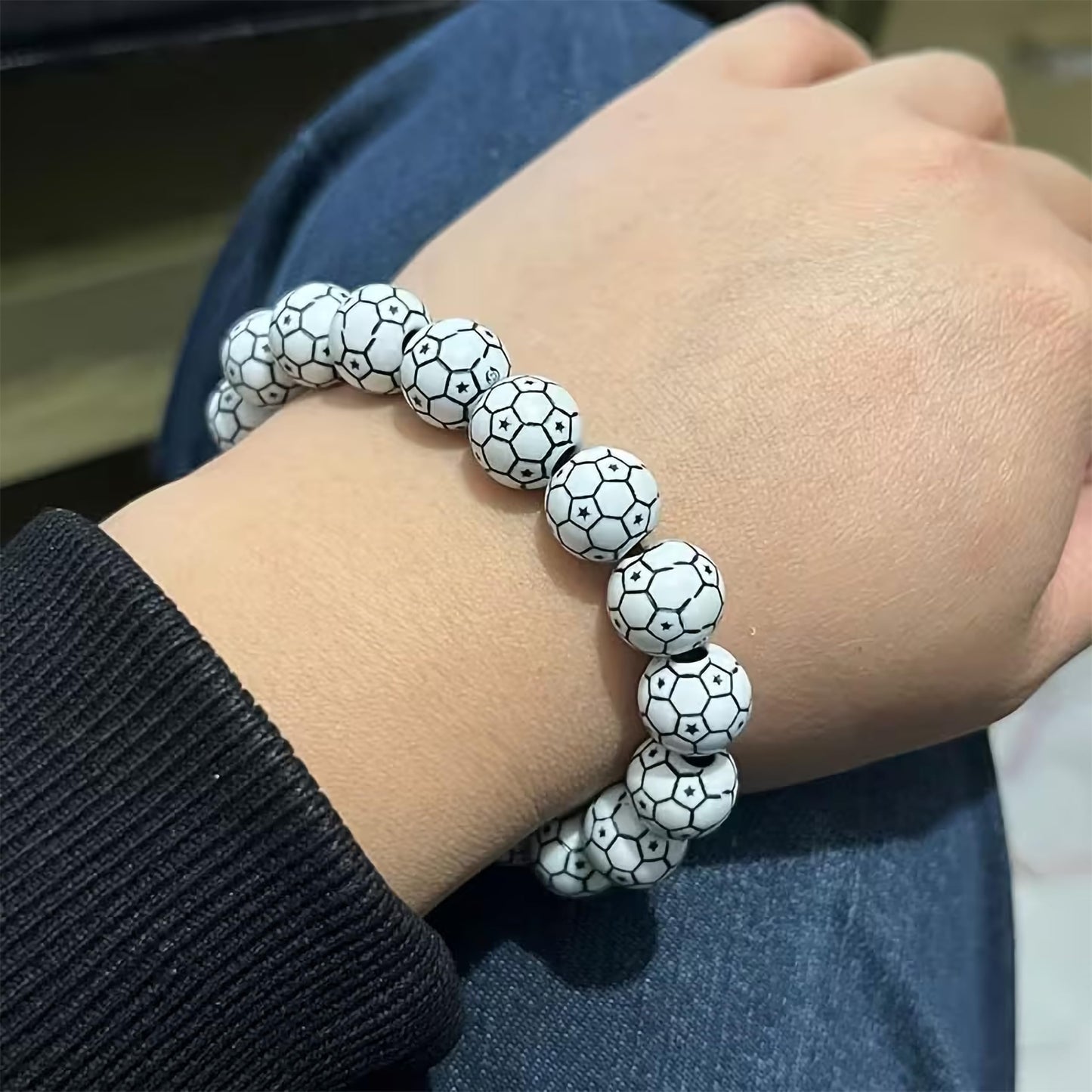 White beads with black soccer ball print in bulk