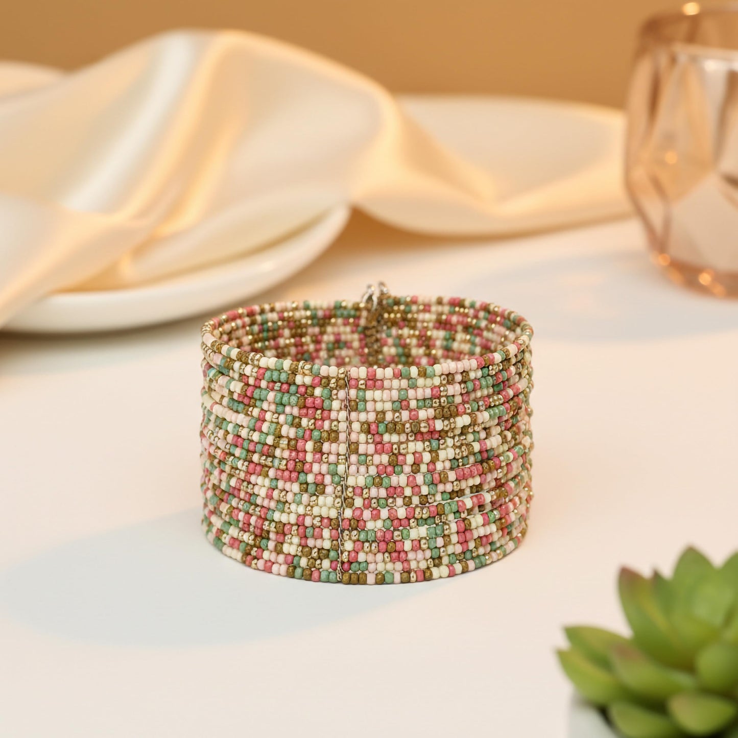 Wide multicolor seed bead bracelet layered statement cuff