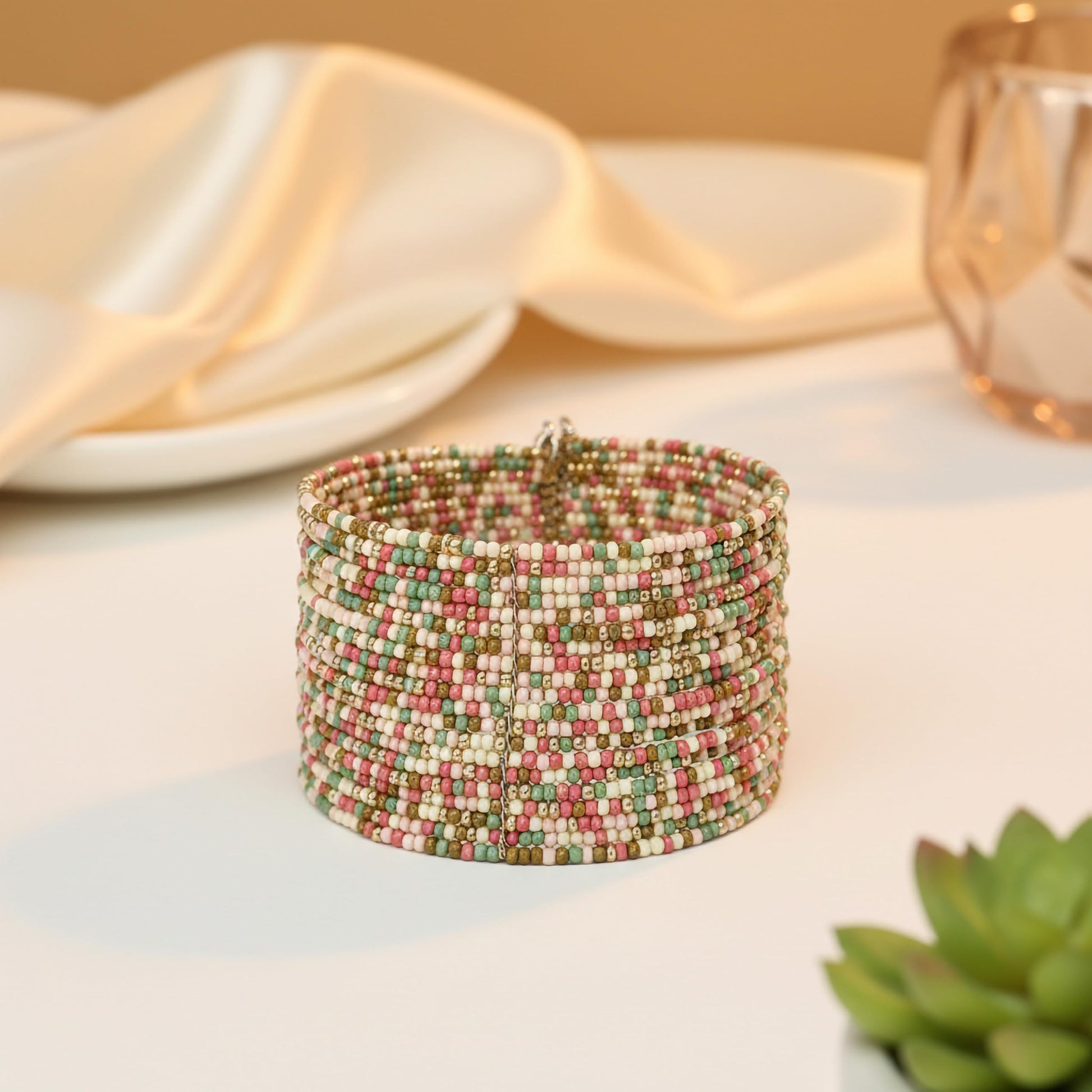 Wide multicolor seed bead bracelet layered statement cuff